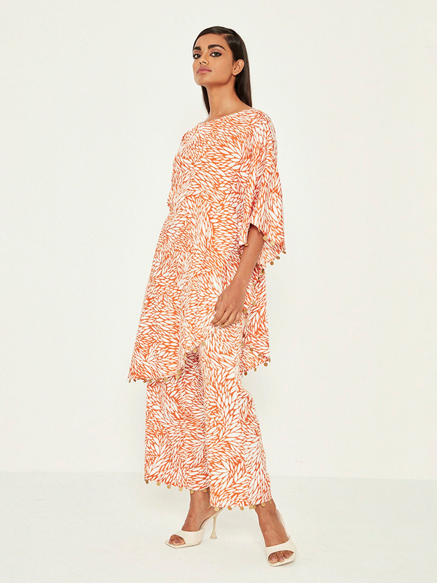 ANCESTRY Orange Printed High Low Kurta