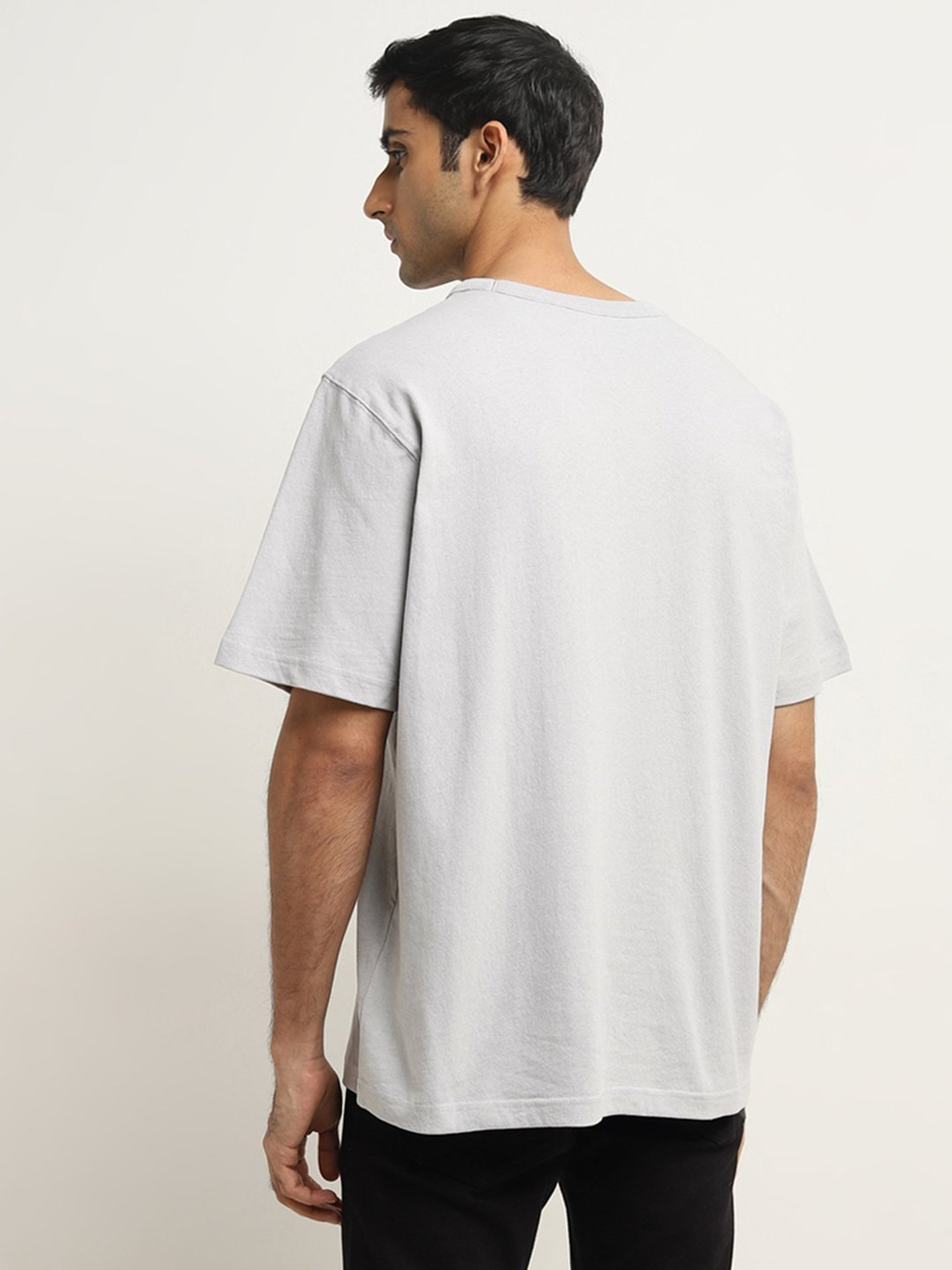 WES Casuals by Westside Light Grey Solid Relaxed-Fit Cotton T-Shirt
