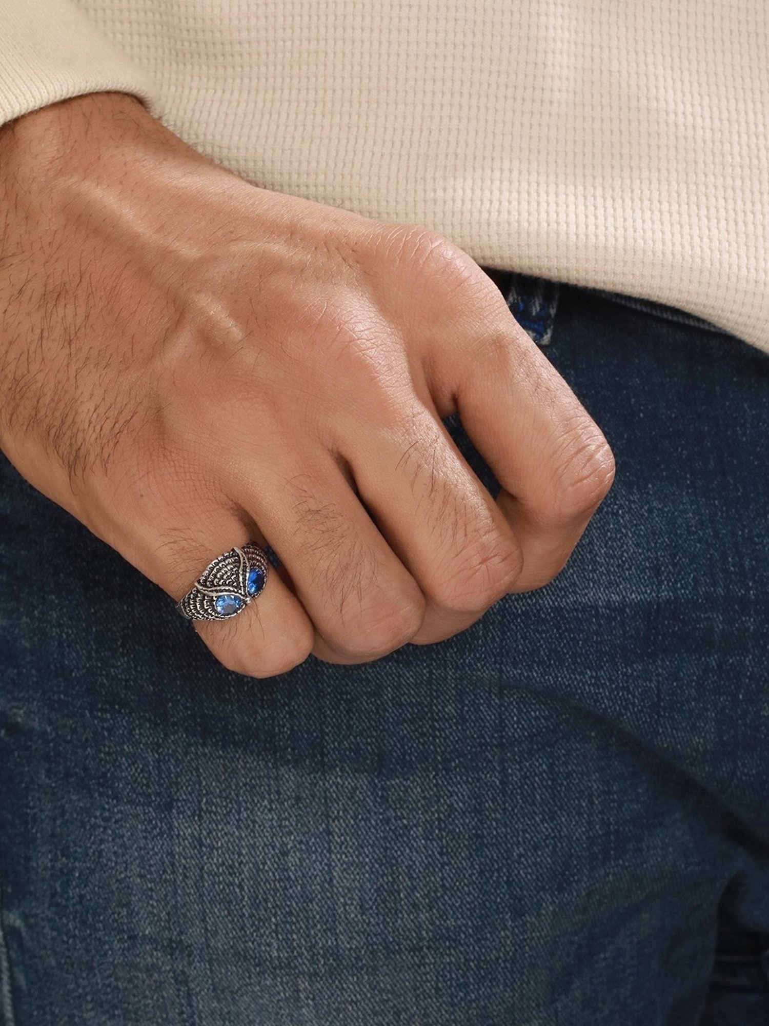 Bold by Priyaasi Blue-Eyed Owl Blue Casual Ring for Men