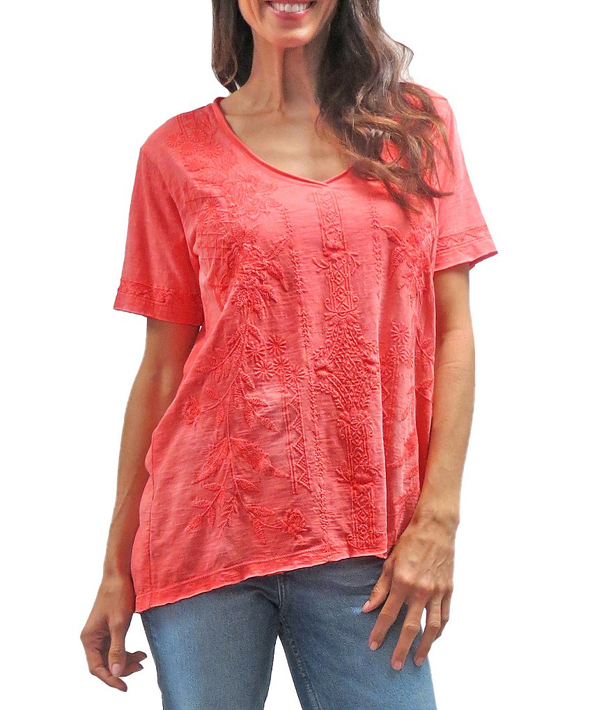 Karyn Seo Dolly V-Neck Tonal Embroidered Cotton T-Shirt