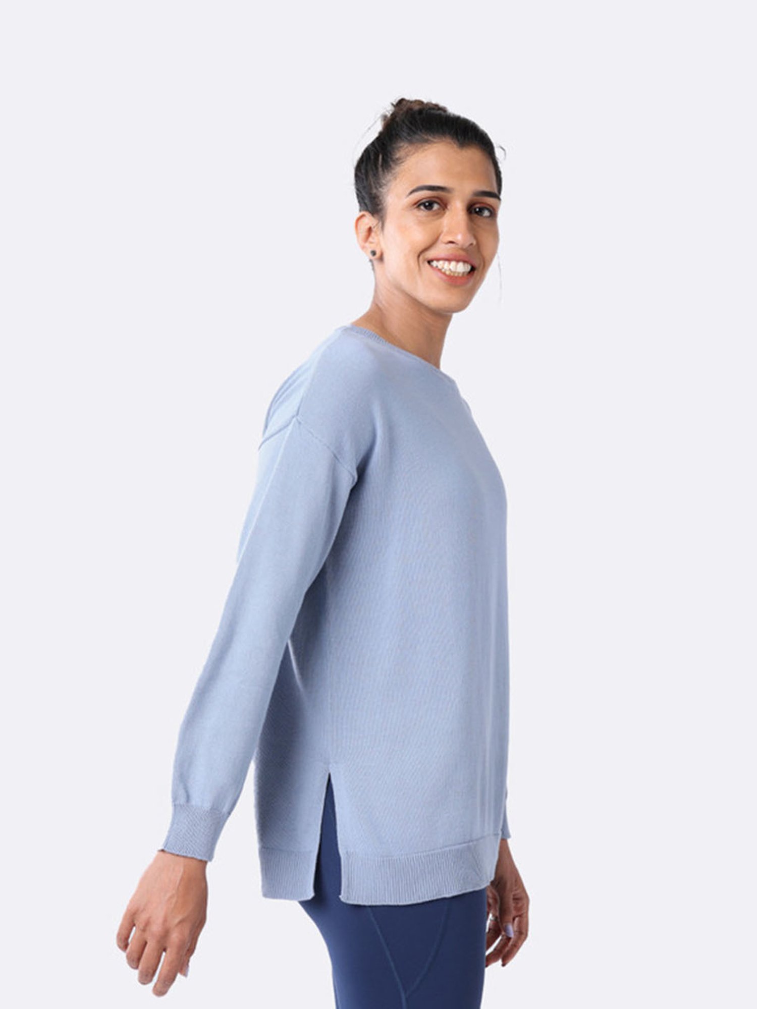 BlissClub Blue At-Ease Cotton Knit Top - Full Sleeves