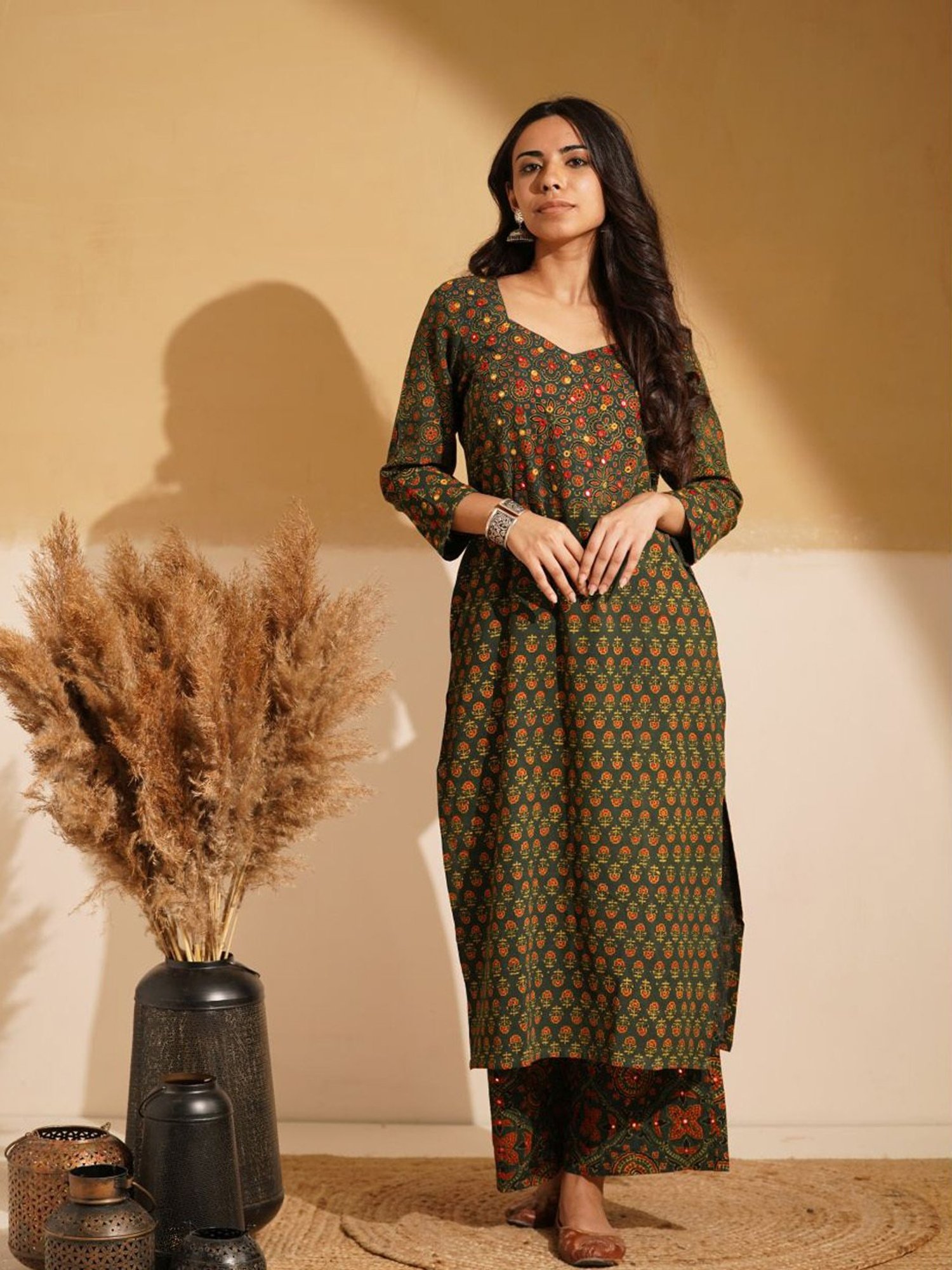 Love Chic Green Ajrakh Cotton Straight Kurta