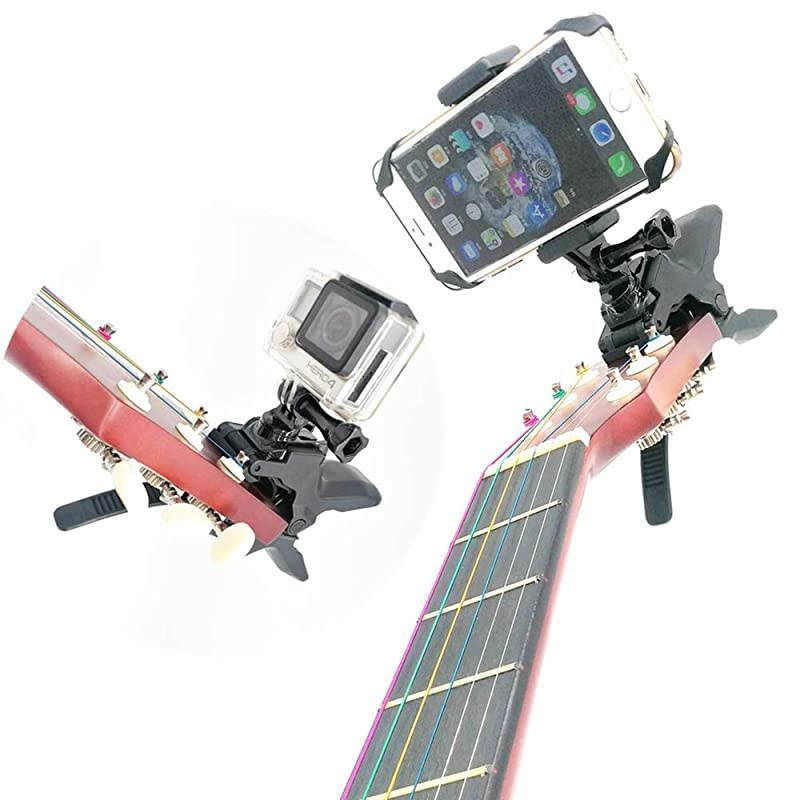 Camera and Cell Phone Music Mount - Ukelele Guitar Headstock Mobile Phone Clamp Clip Mount for Smartphones and Gopro Action Cameras ~ Close Up Home Recording - Work for Any Microphone Stands