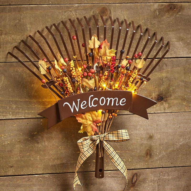 Lakeside Fall Lighted Welcome Sign Rake for Hanging - Harvest Welcome Decoration