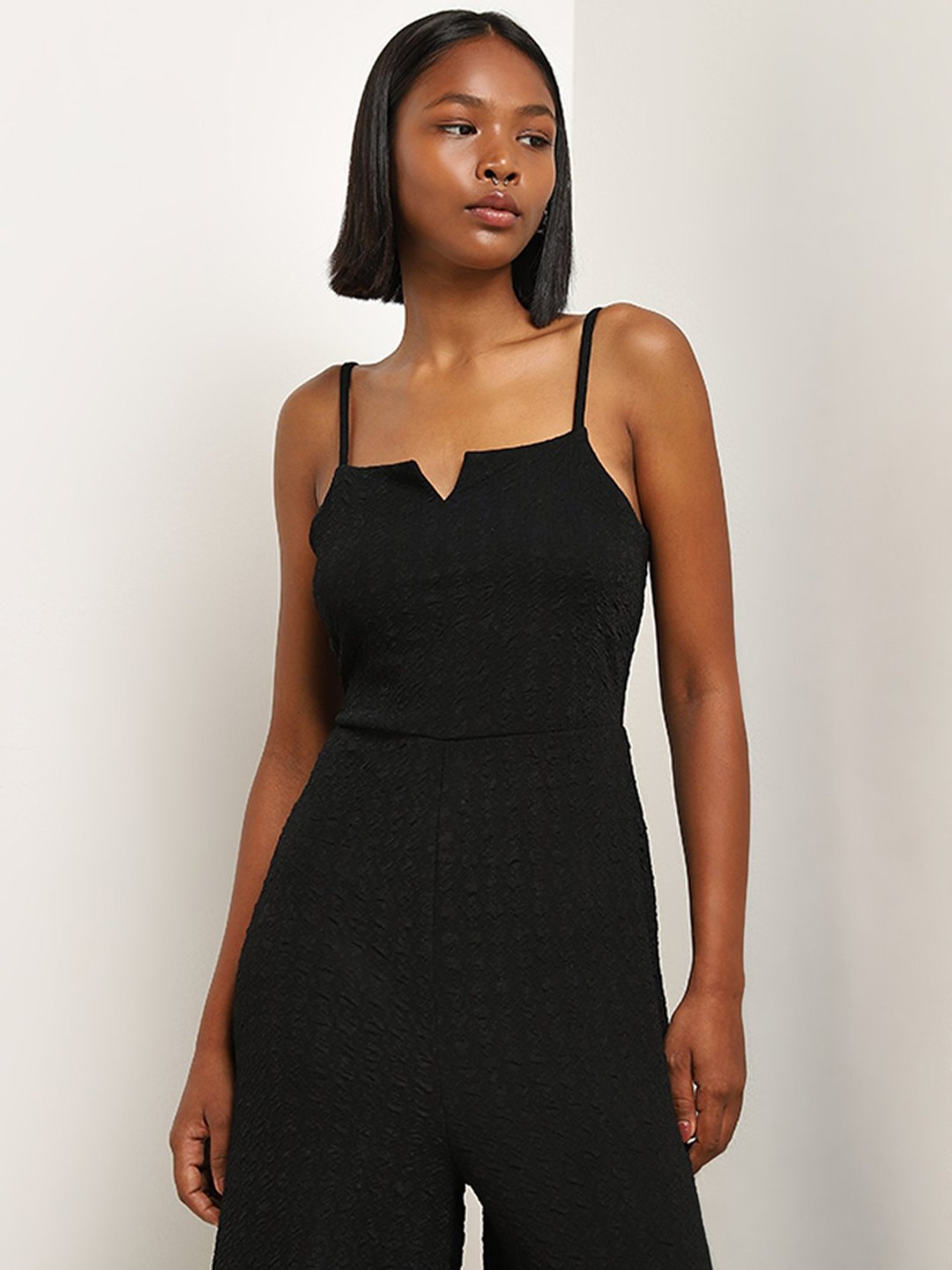 Nuon by Westside Black Textured Cut-Out Jumpsuit