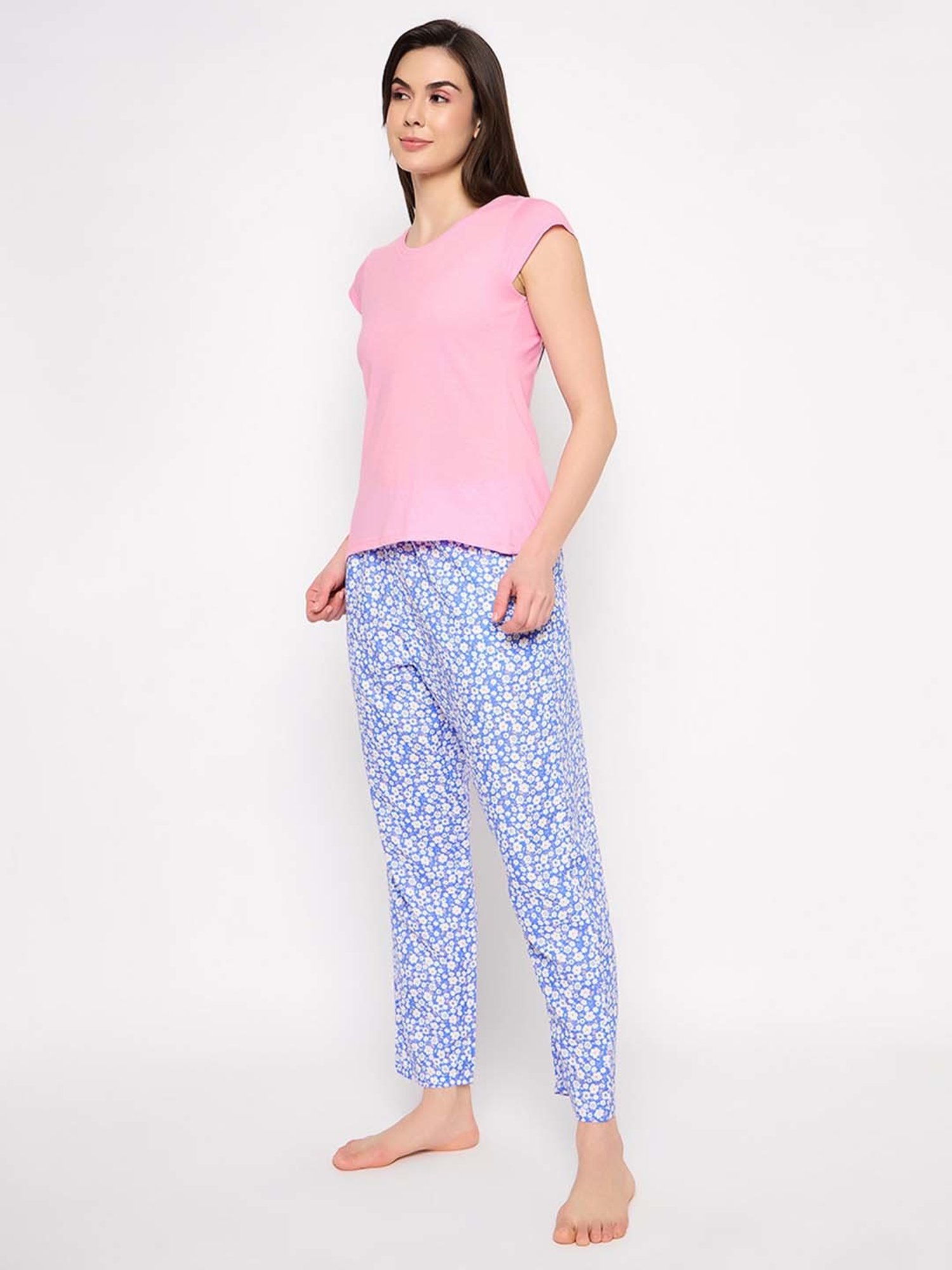 Clovia Pink & Blue Printed T-Shirt Pyjamas Set