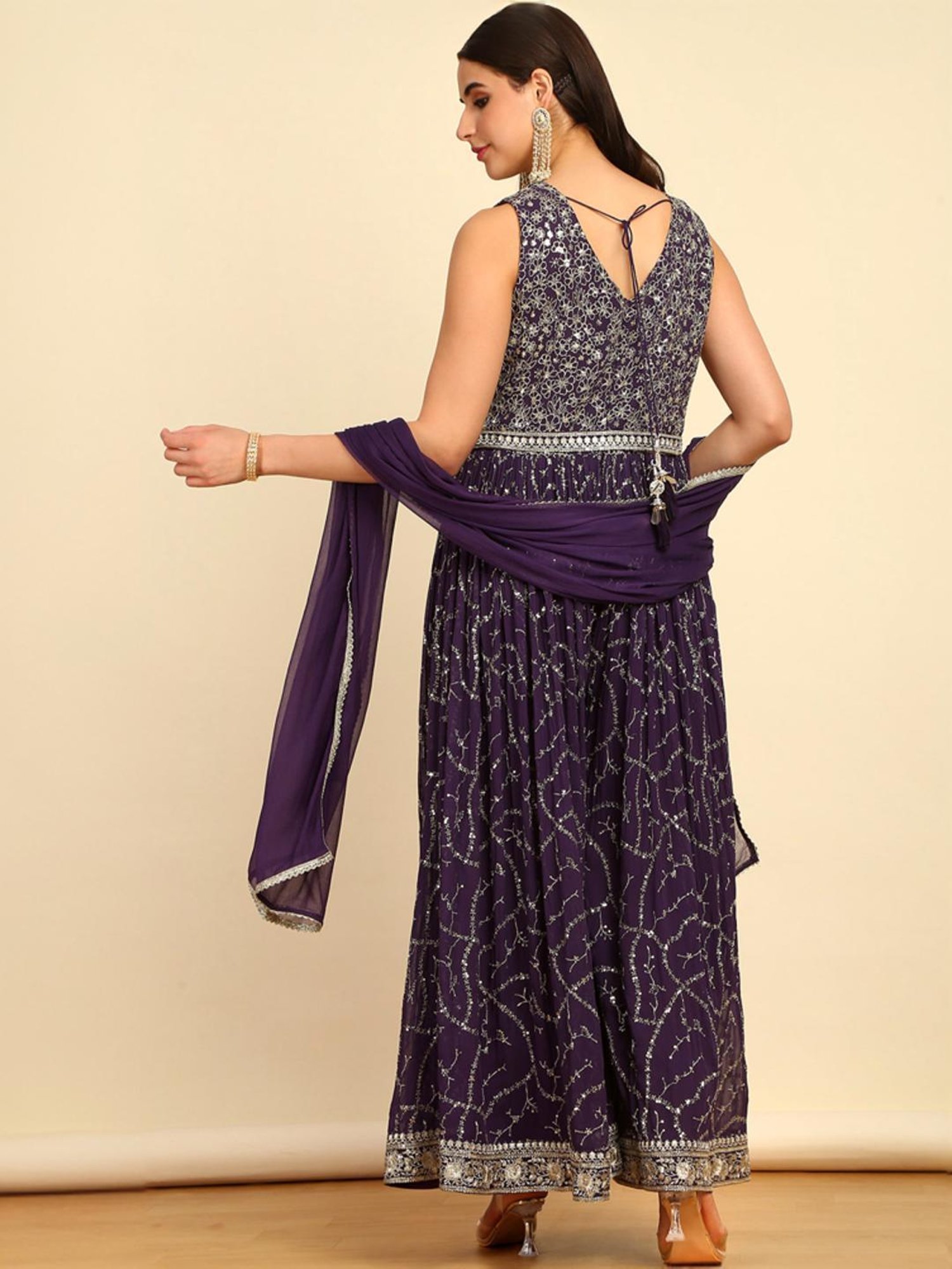 Soch Womens Purple Sequinned Embellished Georgette Jumpsuit With Dupatta