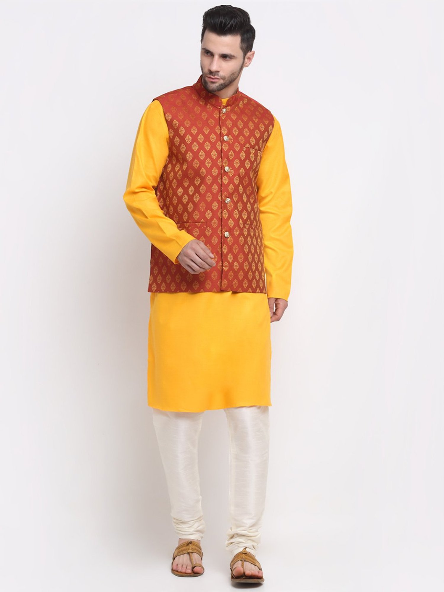 Neudis Men Rust Printed Mandarin Collar Nehru Jacket