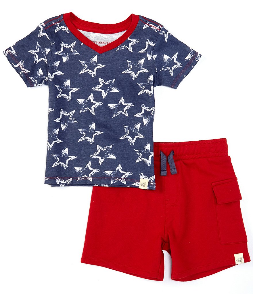 Burt's Bees Baby Boys Newborn-24 Months Short-Sleeve Americana Painted Stars Tee & Cargo Short Organic Cotton Set