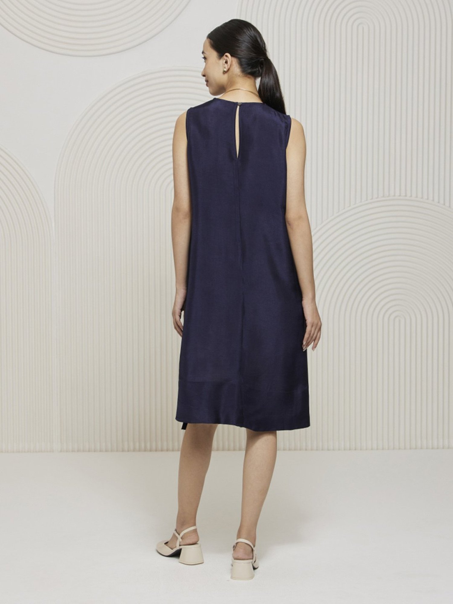 Artagai Navy Peony Elevated Basics Knee Length Dress with Pleat Detail At Shoulder