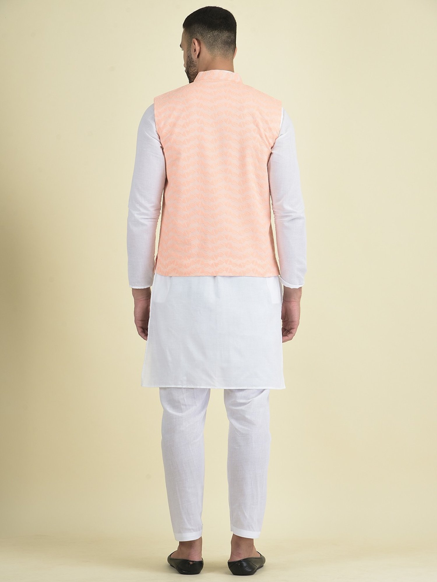 Deyann Peach & White Cotton Regular Fit Embroidered Kurta Set With Jacket