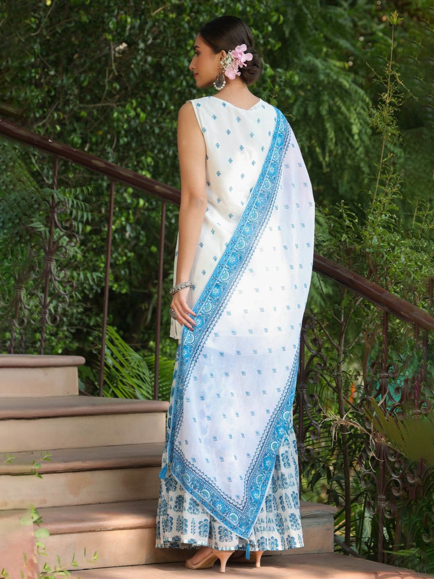 Juniper Blue Ethnic Motif Printed Georgette Kurta Sharara & Dupatta Set With Thread Work Embroidery