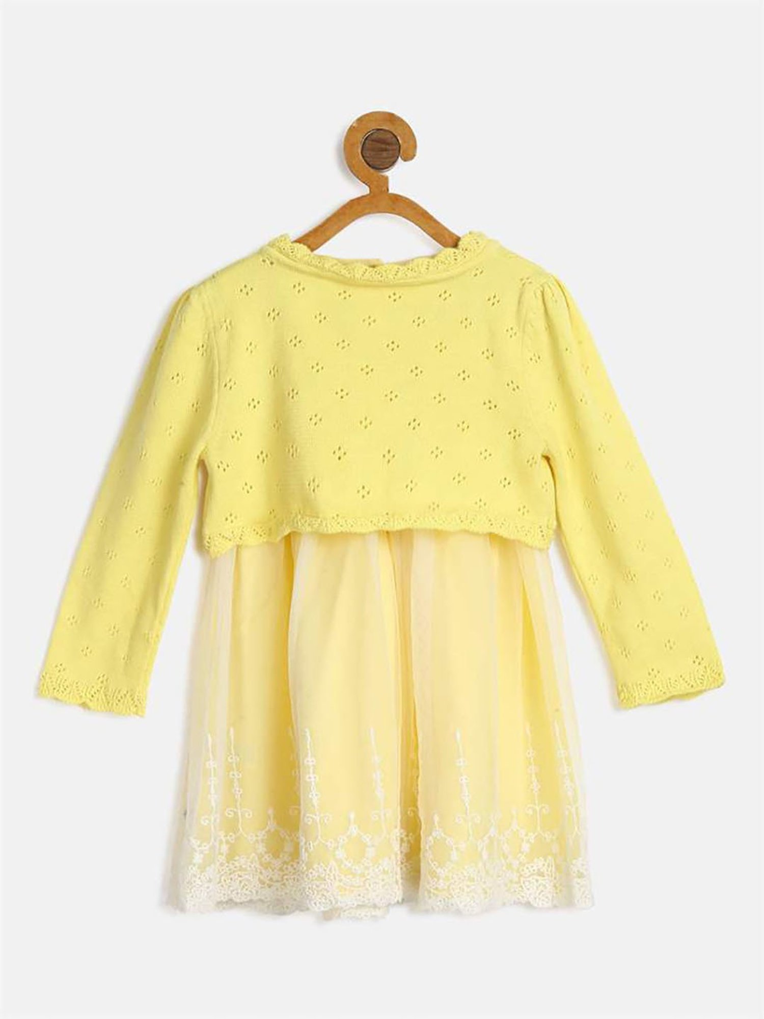 H by Hamleys Infants Girls Yellow Self Design Full Sleeves Dress With Cardigan