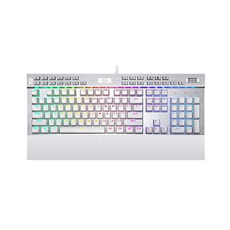 K550 Mechanical Gaming Keyboard RGB LED Backlit with Brown Switches Macro Recording Wrist Rest Volume Control Full Size Yama USB Passthrough for Windows PC Gamer White