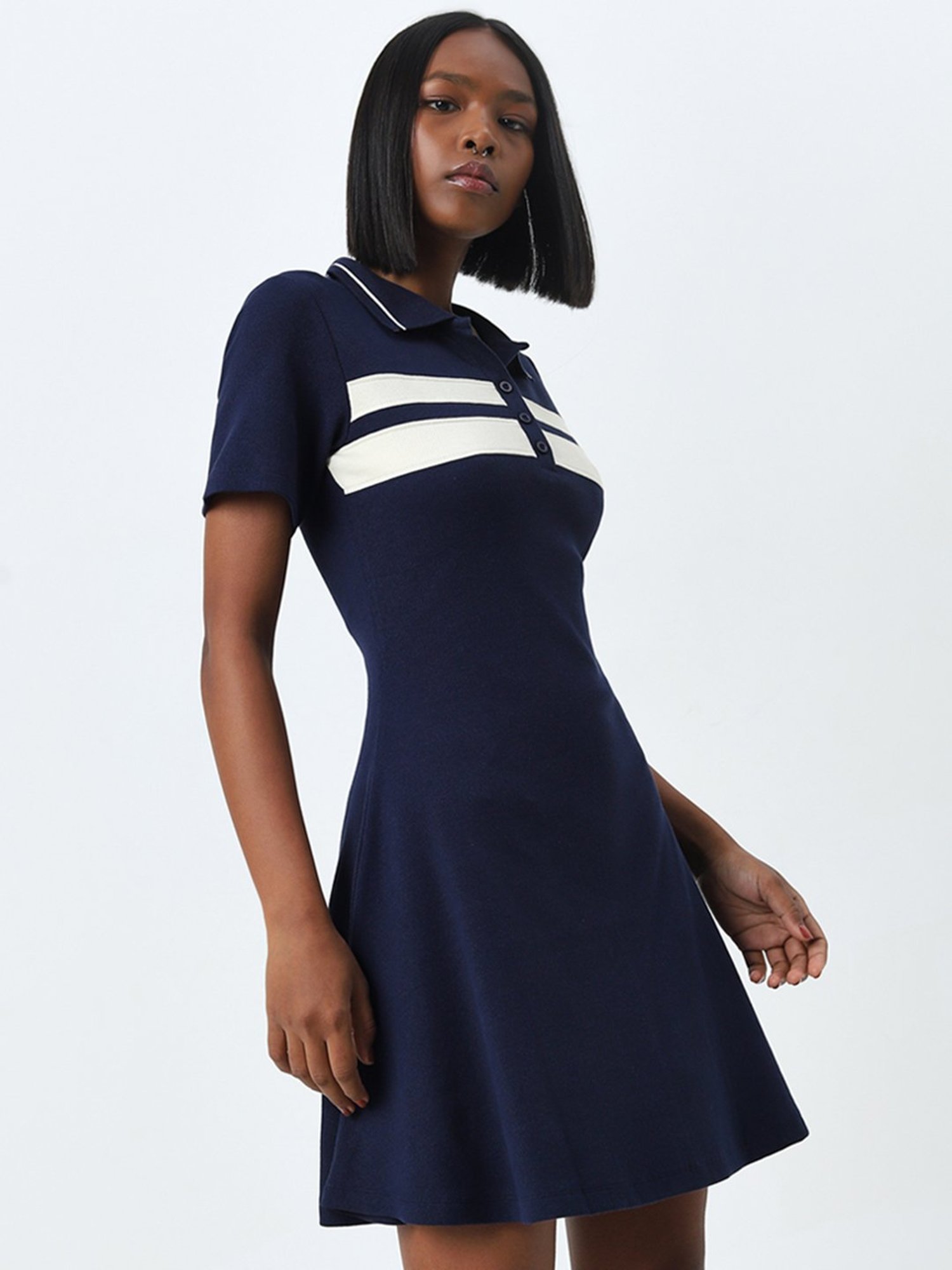 Studiofit by Westside Navy Ribbed Textured A-Line Cotton Blend Dress