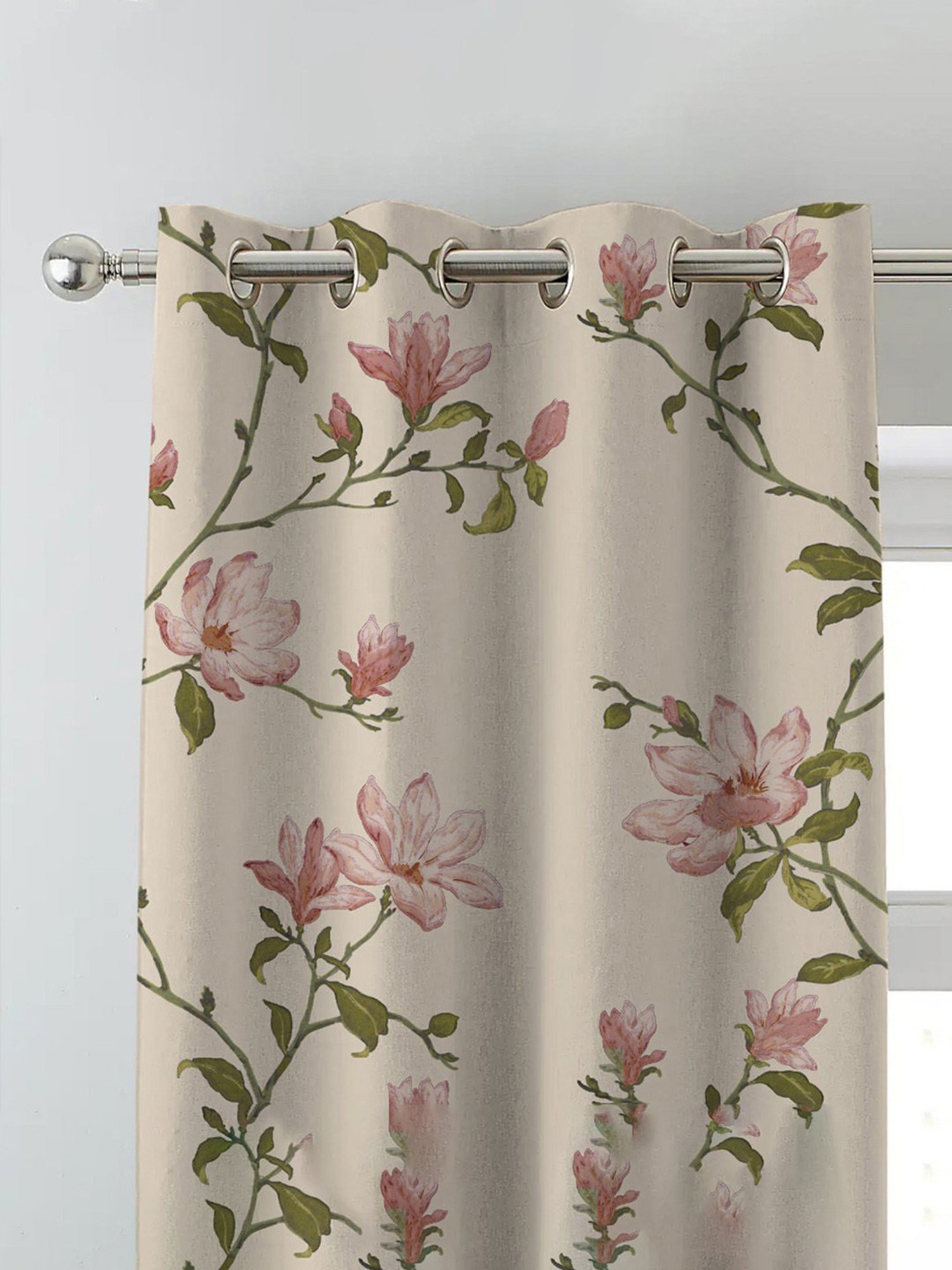 SPACES DRAPE STORY Elegant Printed Pink & Beige Polyester 7 ft Door Curtains - Set of 4