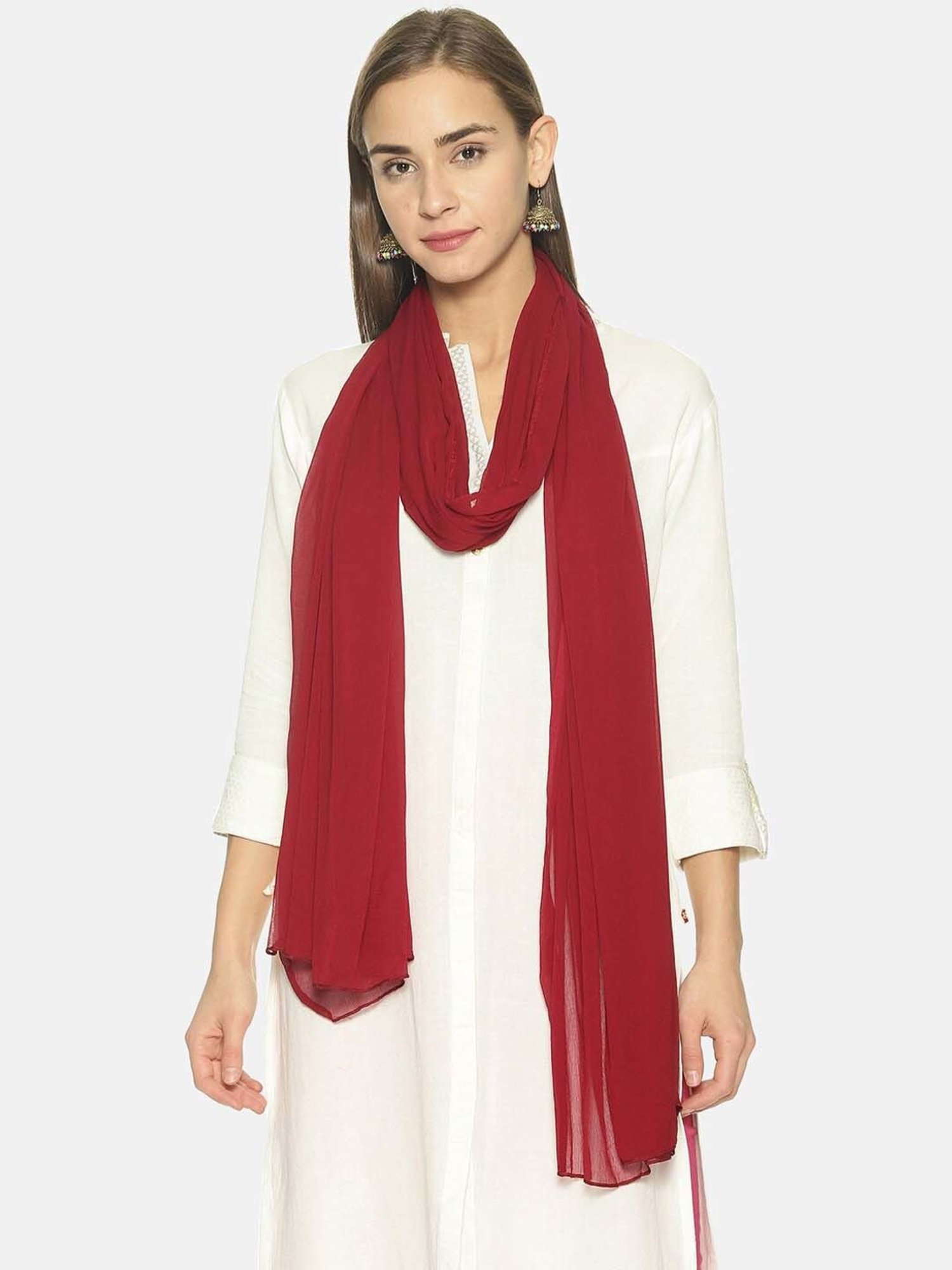 TWIN BIRDS Maroon & Beige Plain Dupatta - Pack Of 2