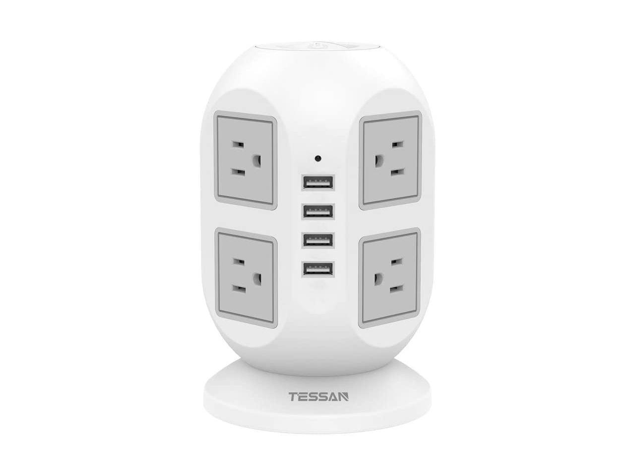 Power Strip Tower TESSAN Surge Protector 8 AC Outlets with 4 USB Ports Charging Station Long Extension Cord 10 Feet, Widely Spaced Multi Outlets, Circuit Breaker Safeguard for Home Office Dorm Room