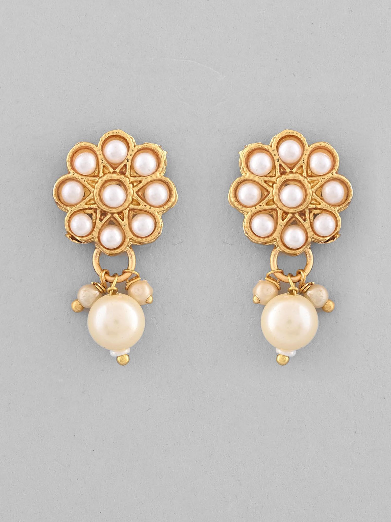 VOJ Gold Plated Pearl Studded Floral Necklace and Earrings for Women