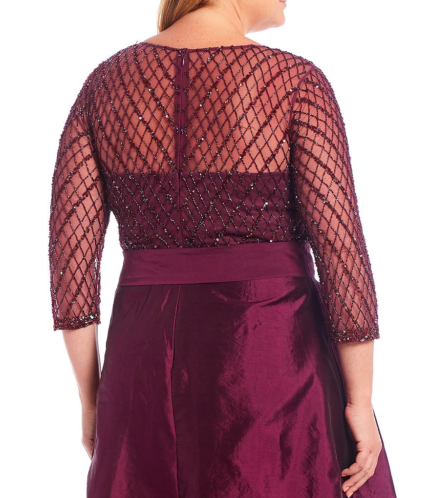 Pisarro Nights Plus Size Beaded 3/4 Sleeve Illusion Boat Neck Dress