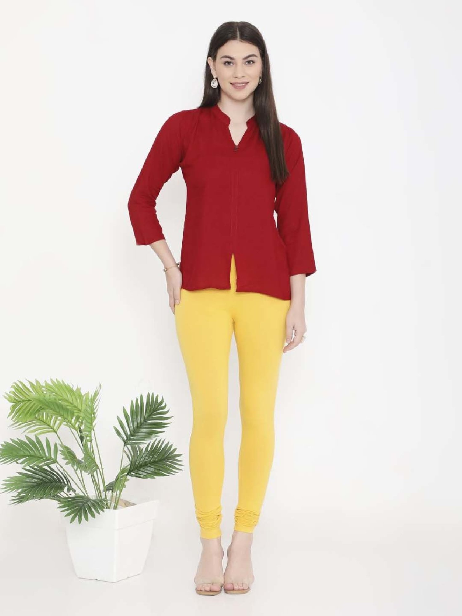 FEELINGS Yellow Plain Churidar Leggings