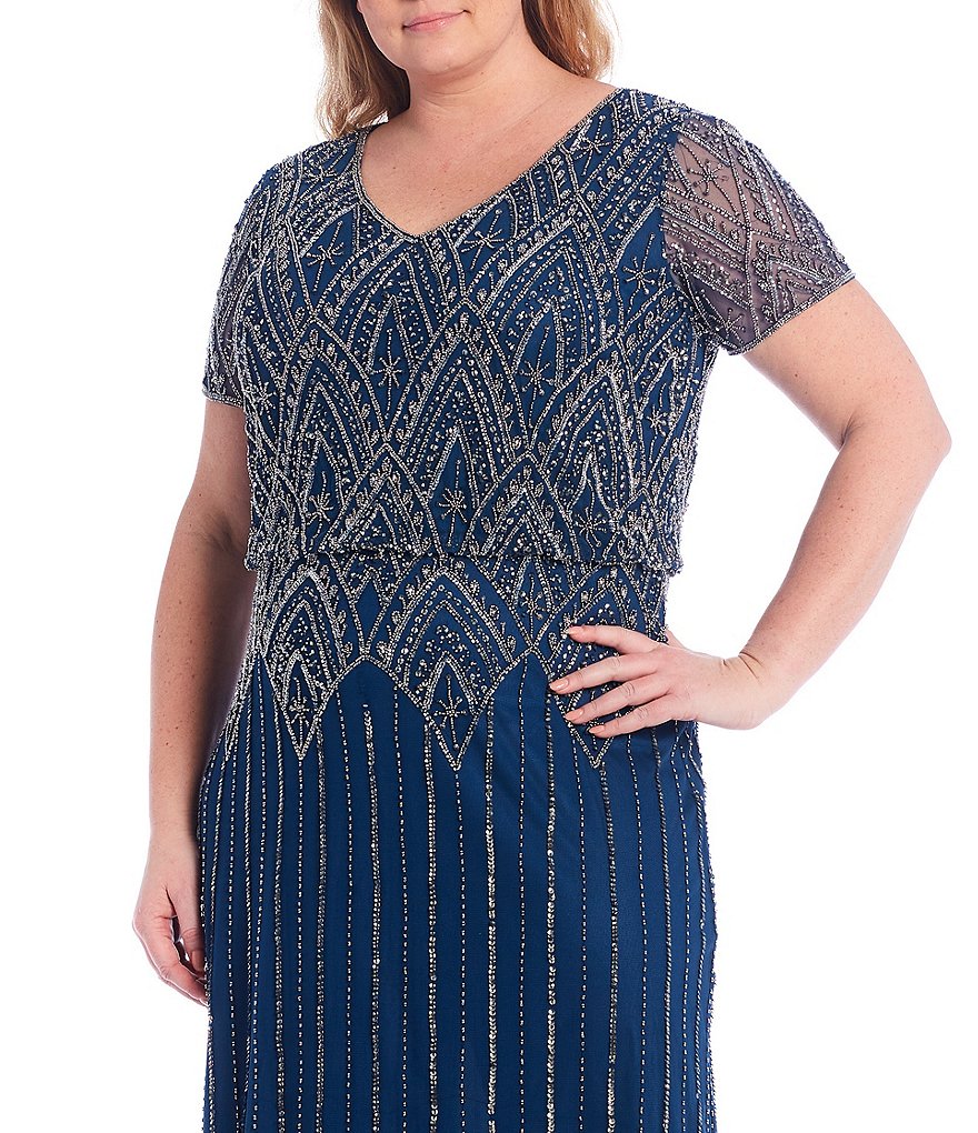 Pisarro Nights Plus Size Short Sleeve V-Neck Beaded Blouson Gown