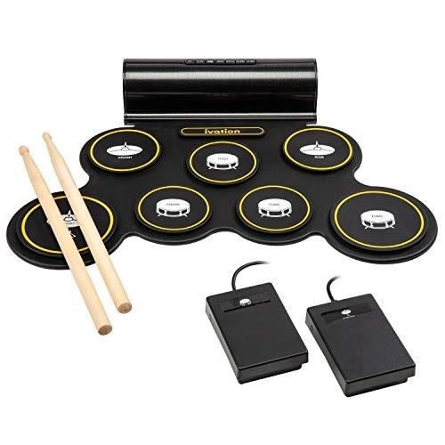 ivation portable electronic drum pad  digital rollup touch sensitive drum practice kit  7 labeled pads 2 foot pedals kids children beginners with speaker and built in rechargeable battery