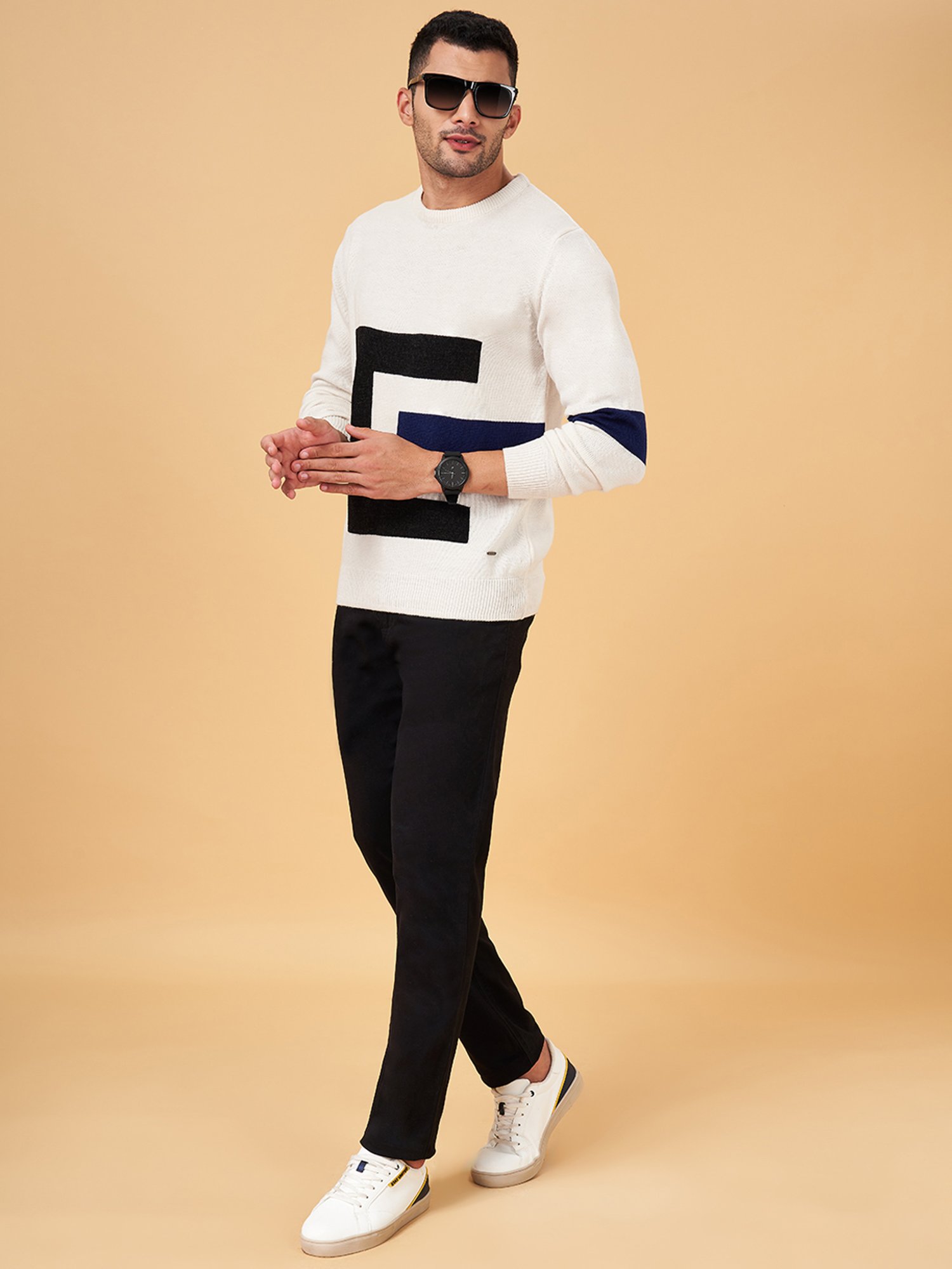 Byford by Pantaloons White Slim Fit Self Design Sweater