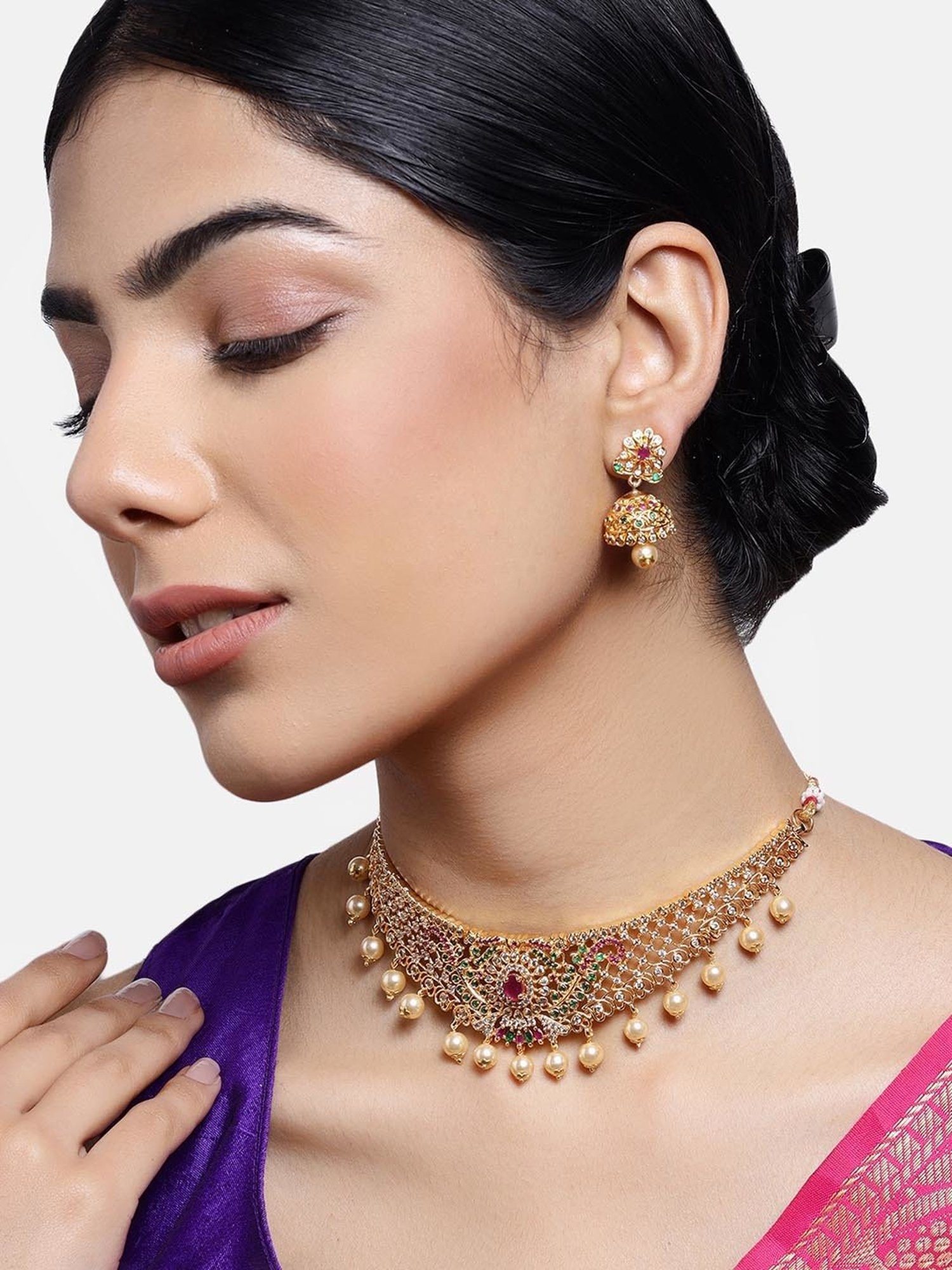 Estele Gold-Plated CZ Dazzling Bridal Choker Necklace Set with Pearls for Women