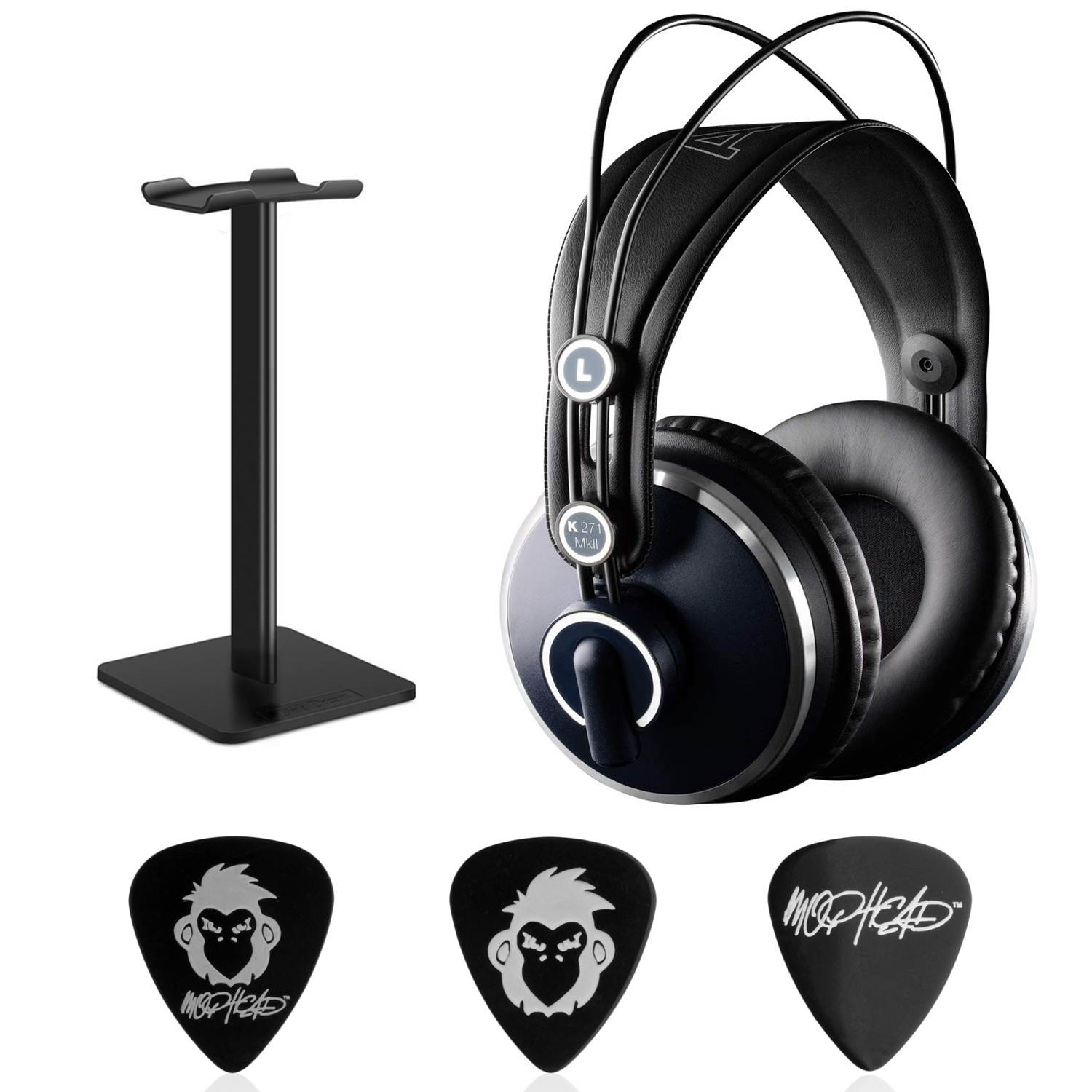 AKG K271 MKII Professional Over-Ear Closed-Back Studio Headphone Bundle with Audiomate Headphone Stand and Mophead 3 Medium Guitar Picks