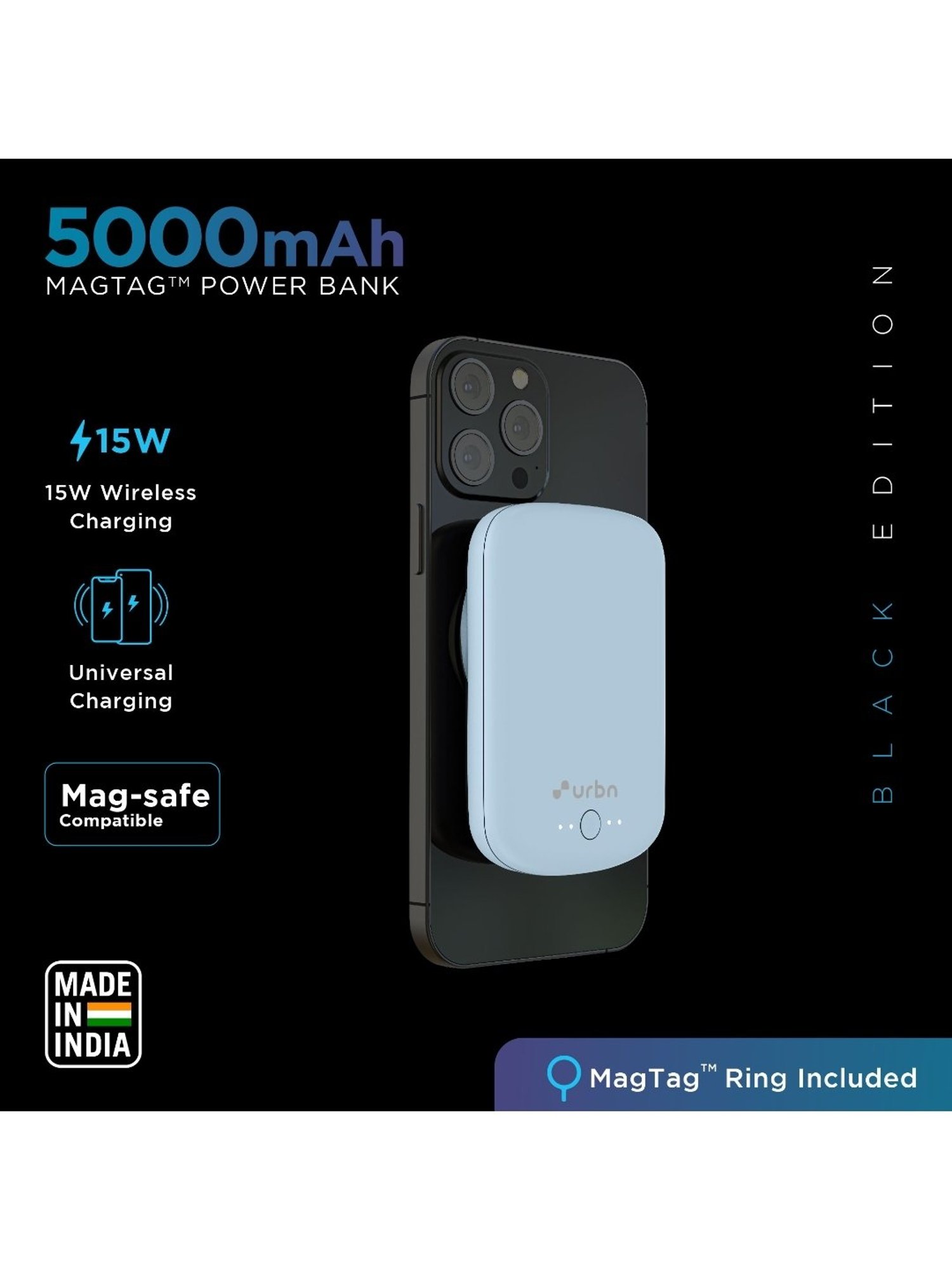 URBN 5000 mAh 15W Compact Magsafe Power Bank w MagTag Ring (Light Blue)