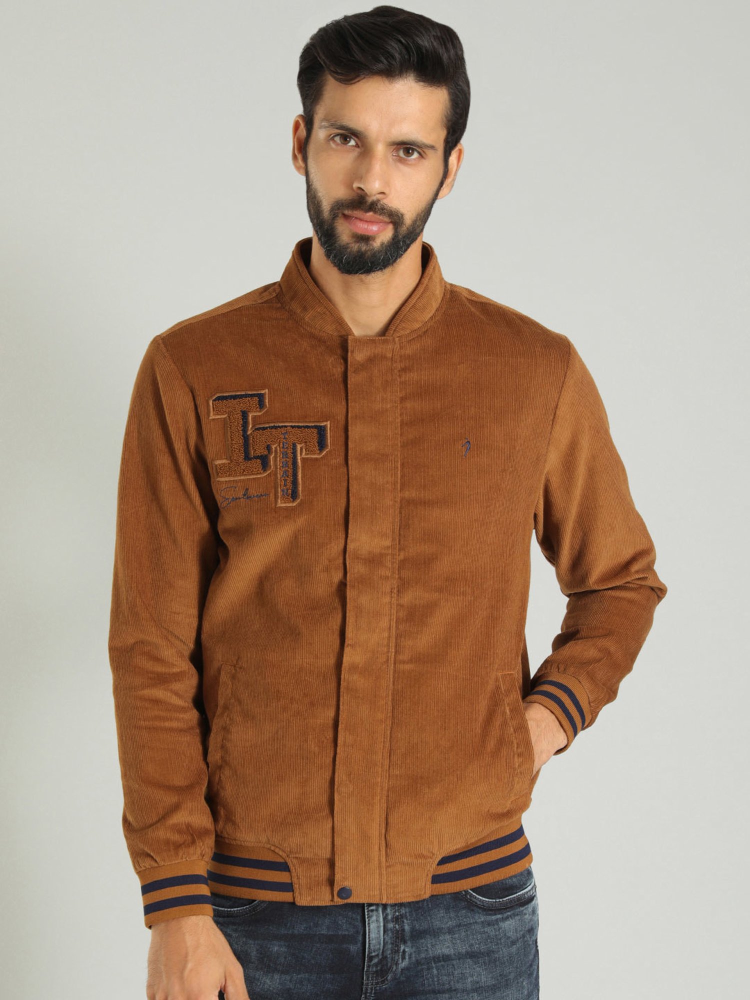 Indian Terrain Brown Regular Fit Embroidered Cotton Bomber Jacket