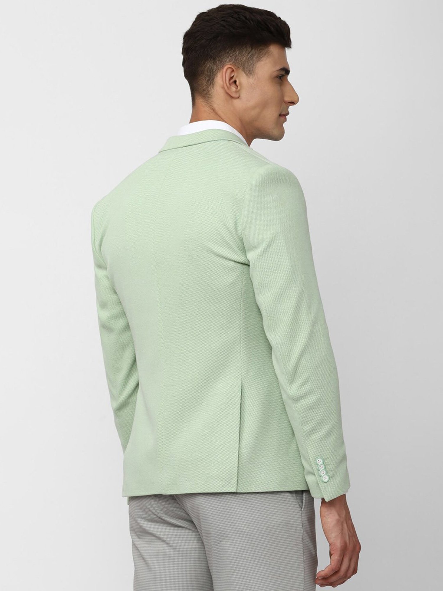 Peter England Mint Green Slim Fit Textured Notch Lapel Blazer