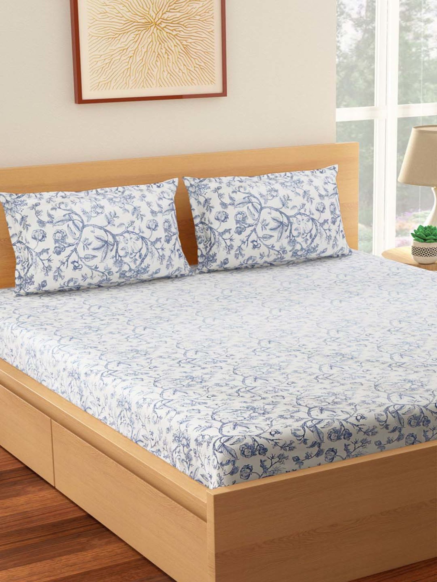 Living Scapes by Pantaloons Blue Cotton Bedsheet With 2 Pillow Covers