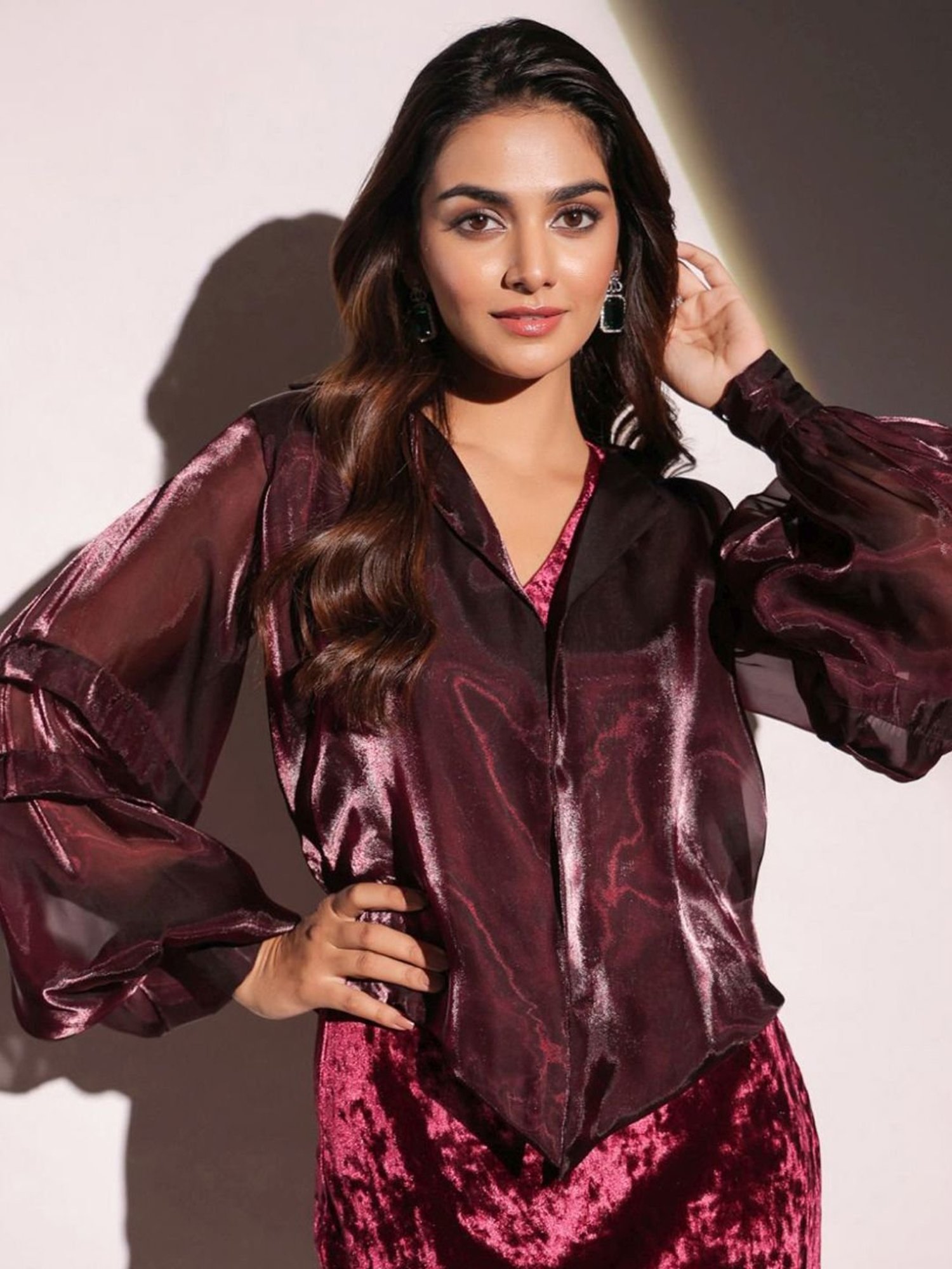 BInfinite Wine Showtime Rasin Organza & Velvet Top