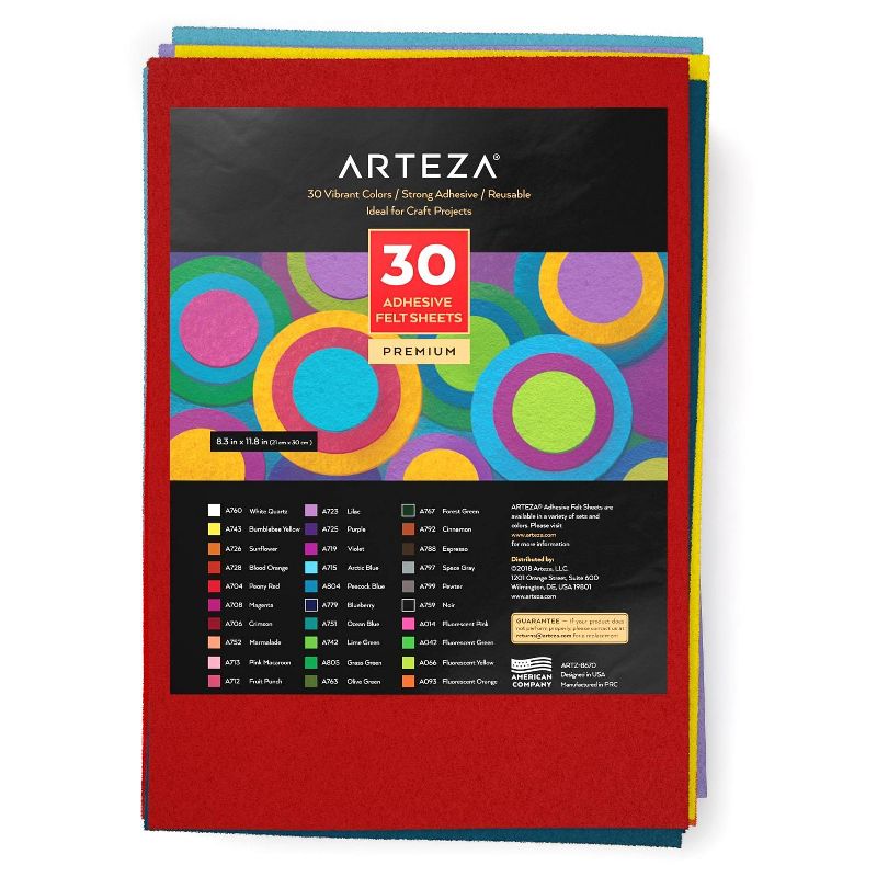 Arteza Adhesive Felt Fabric Sheets, Assorted Colors, 8.3"x11.8" - Set of 30 (ARTZ-8670)