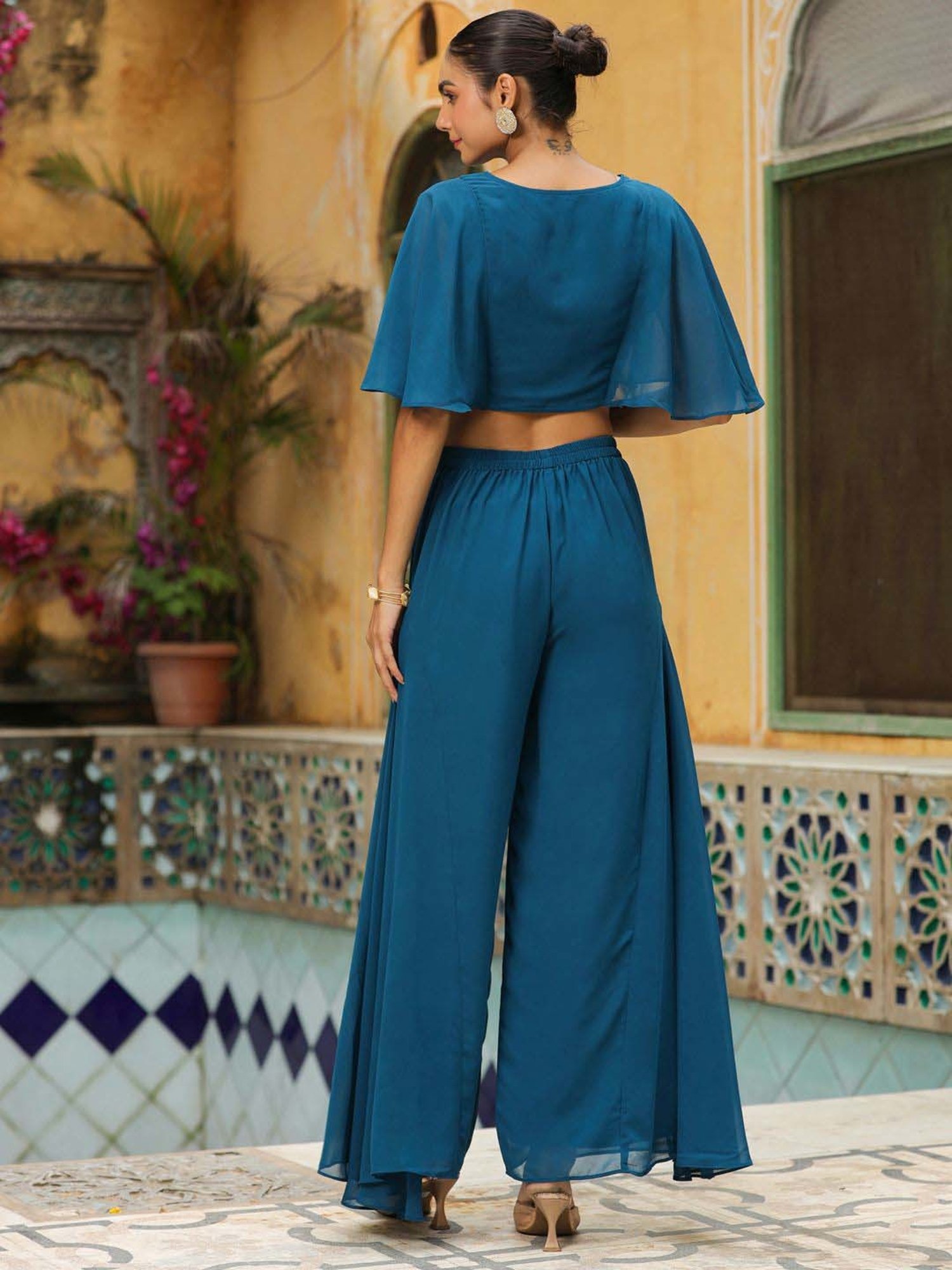 Janasya Teal Blue Embroidered Crop Top Palazzo Set