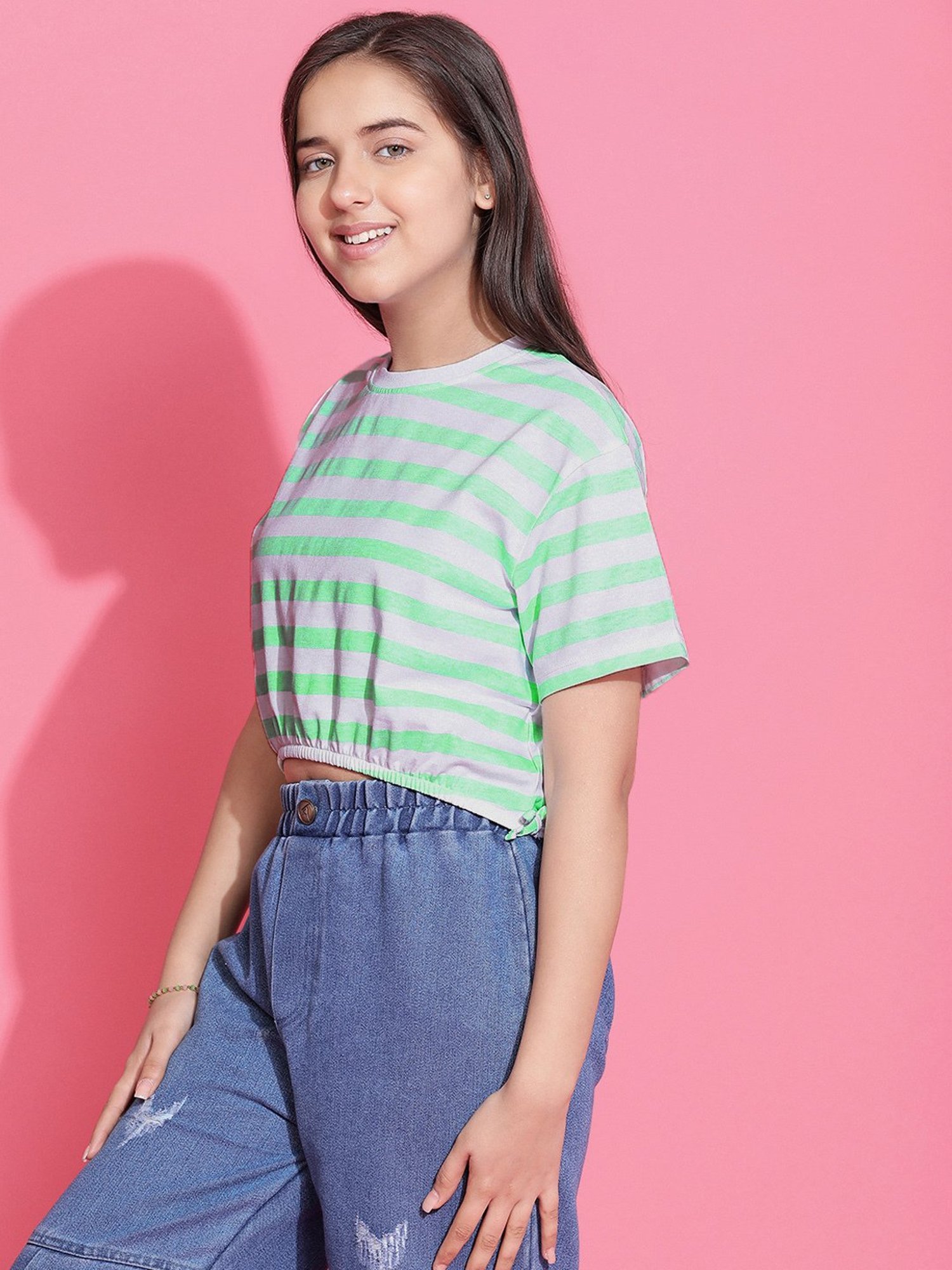 Lil Tomatoes Kids Light Green & White Striped Crop Top