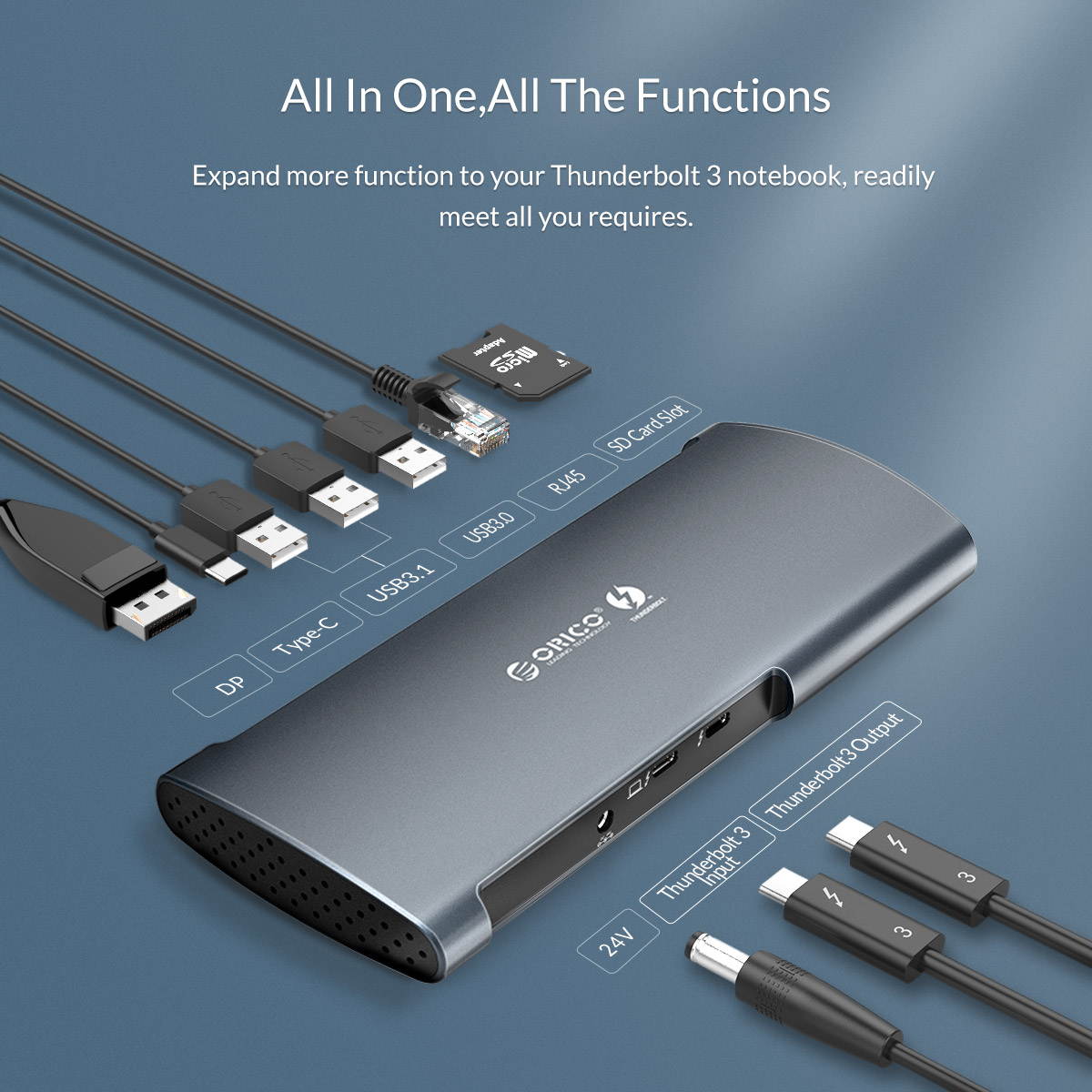 ORICO Thunderbolt 3 Docking Station USB Type C HUB to 8K@60Hz DP HDMI USB3.0 RJ45 SD4.0 60W Charging Adapter For Windows & Mac OS - Macbook Pro