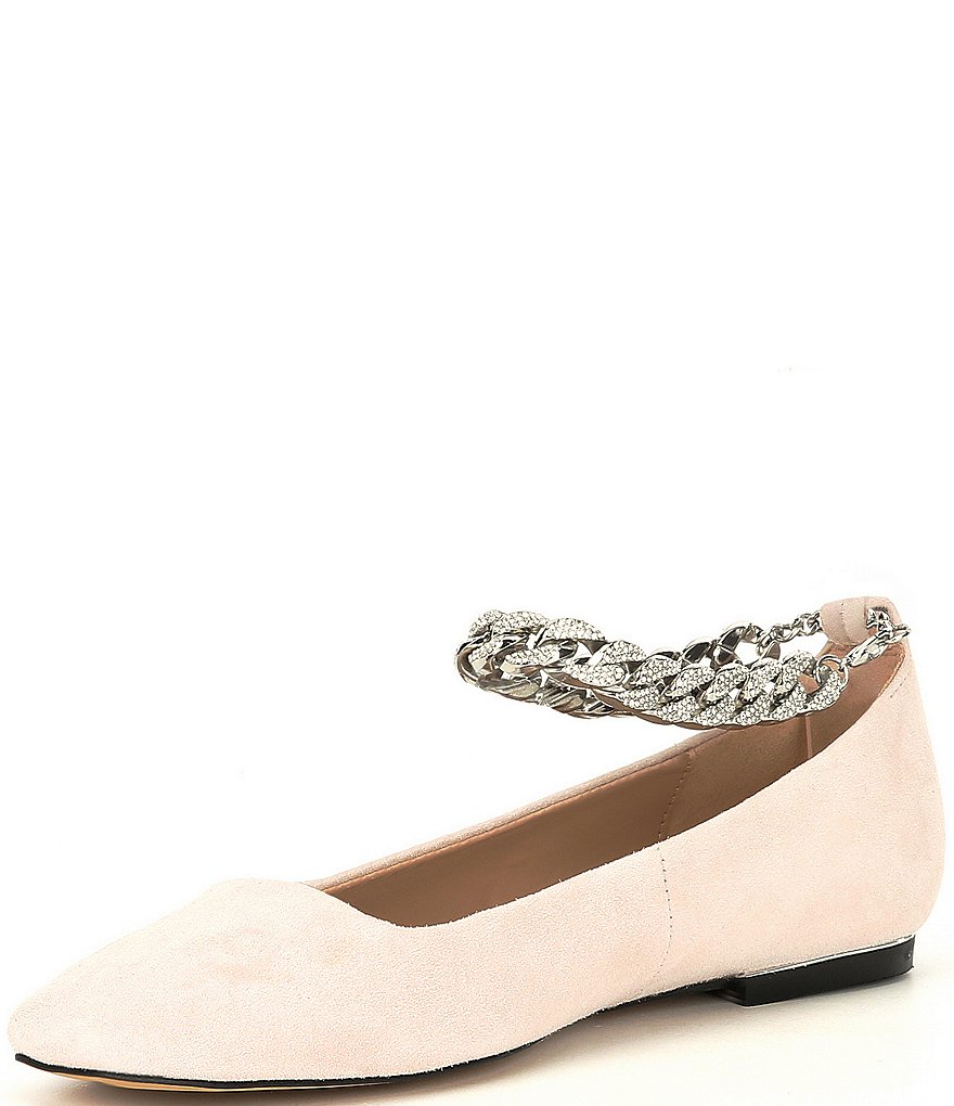 KARL LAGERFELD PARIS Zanna Suede Rhinestone Embellished Ankle Strap Flats