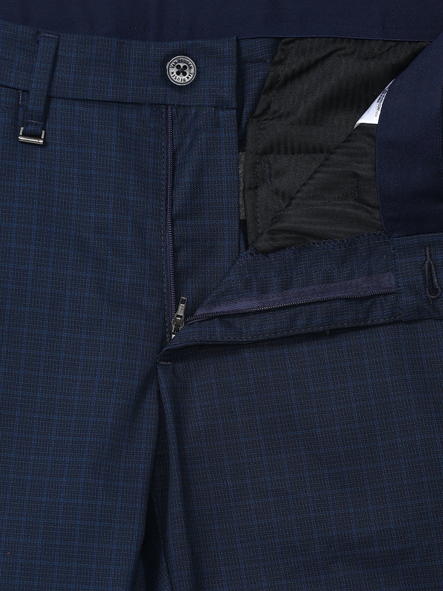 Van Heusen Navy Cotton Slim Fit Checks Trousers