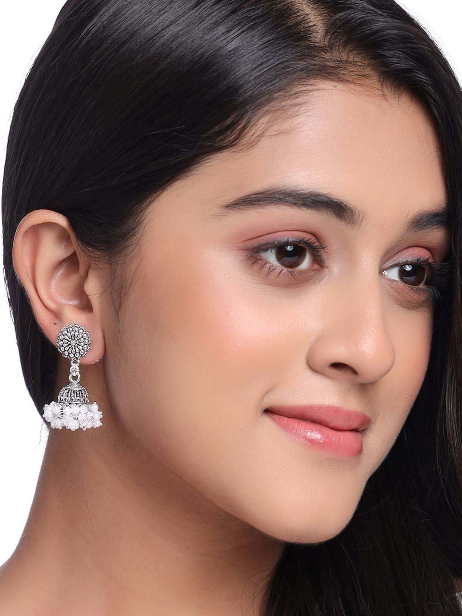 NVR Silver Toned Dome Shaped Jhumki earrings for Women