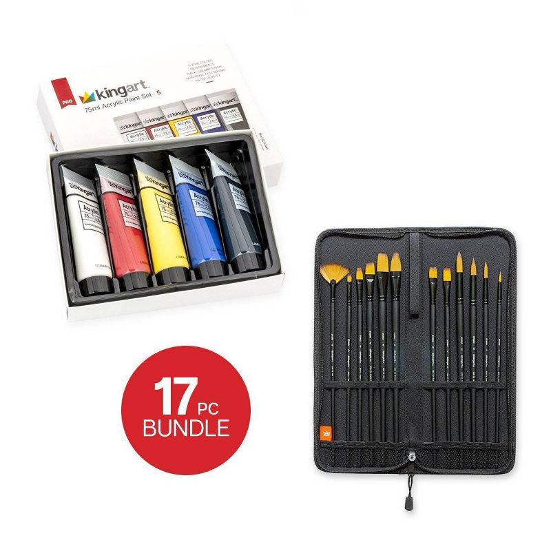 Kingart 17ct Fine Art Brushes w/Acrylic Paint Bundle