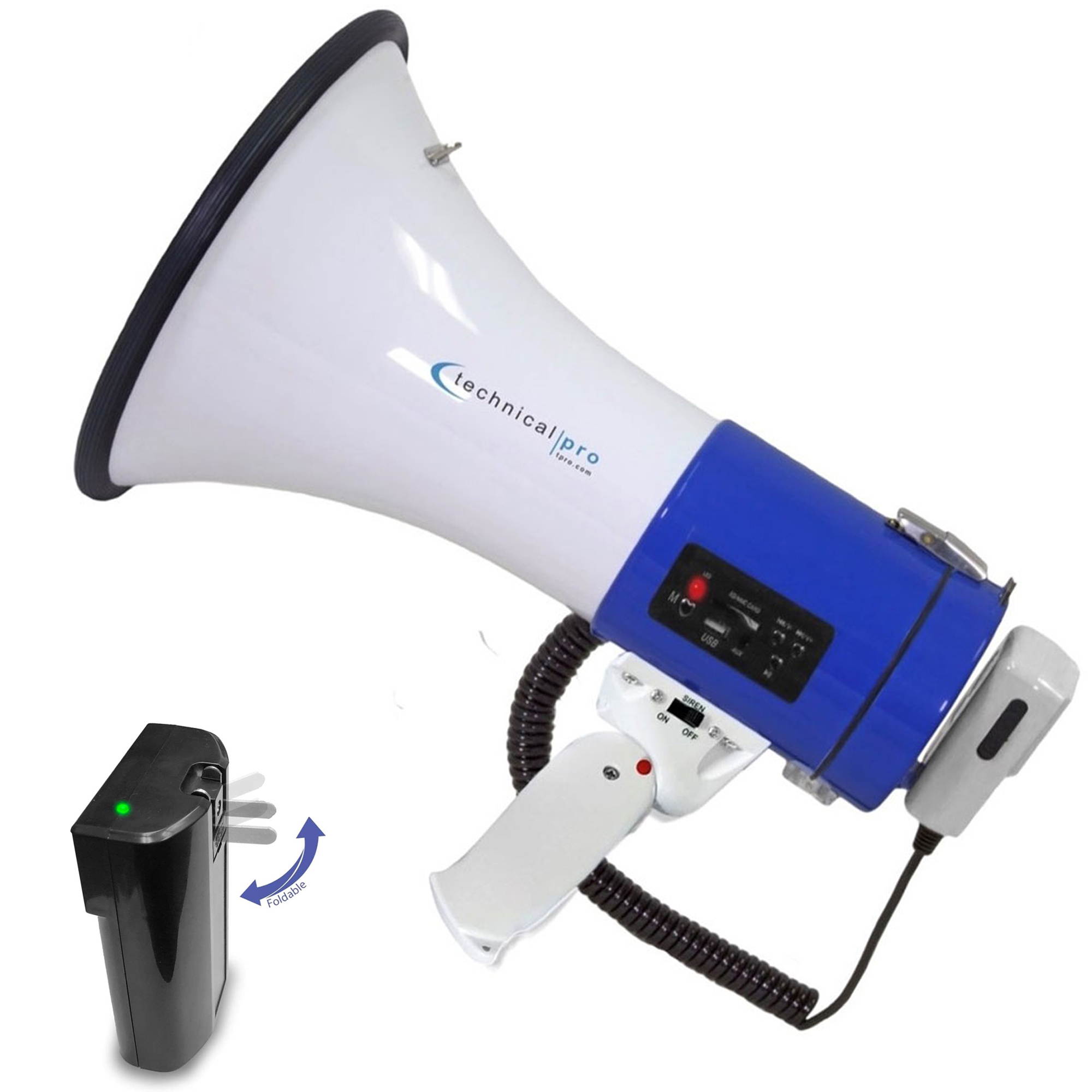 Technical Pro Portable 50-Watt Megaphone Bullhorn Speaker w/ Siren & Detachable Microphone - Rechargeable Megaphone Battery w/ a Built-In AC Wall Charger, Good for Trainers, Coaches, Cheer Leaders