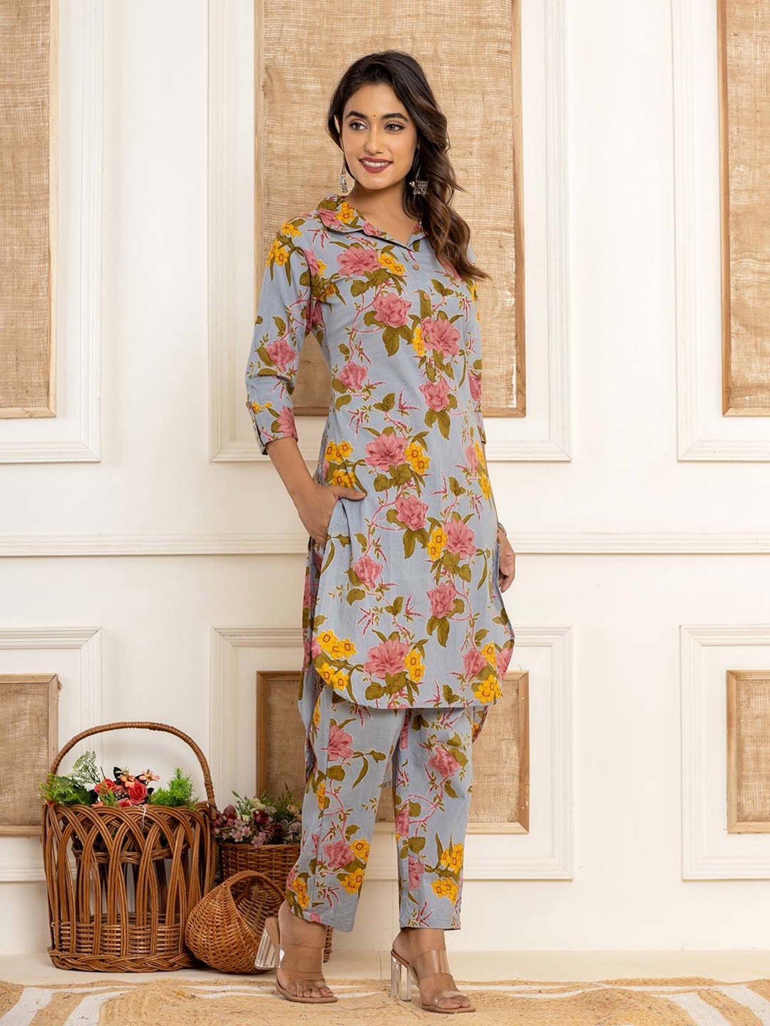 Yufta Blue Cotton Printed Kurta Pant Set