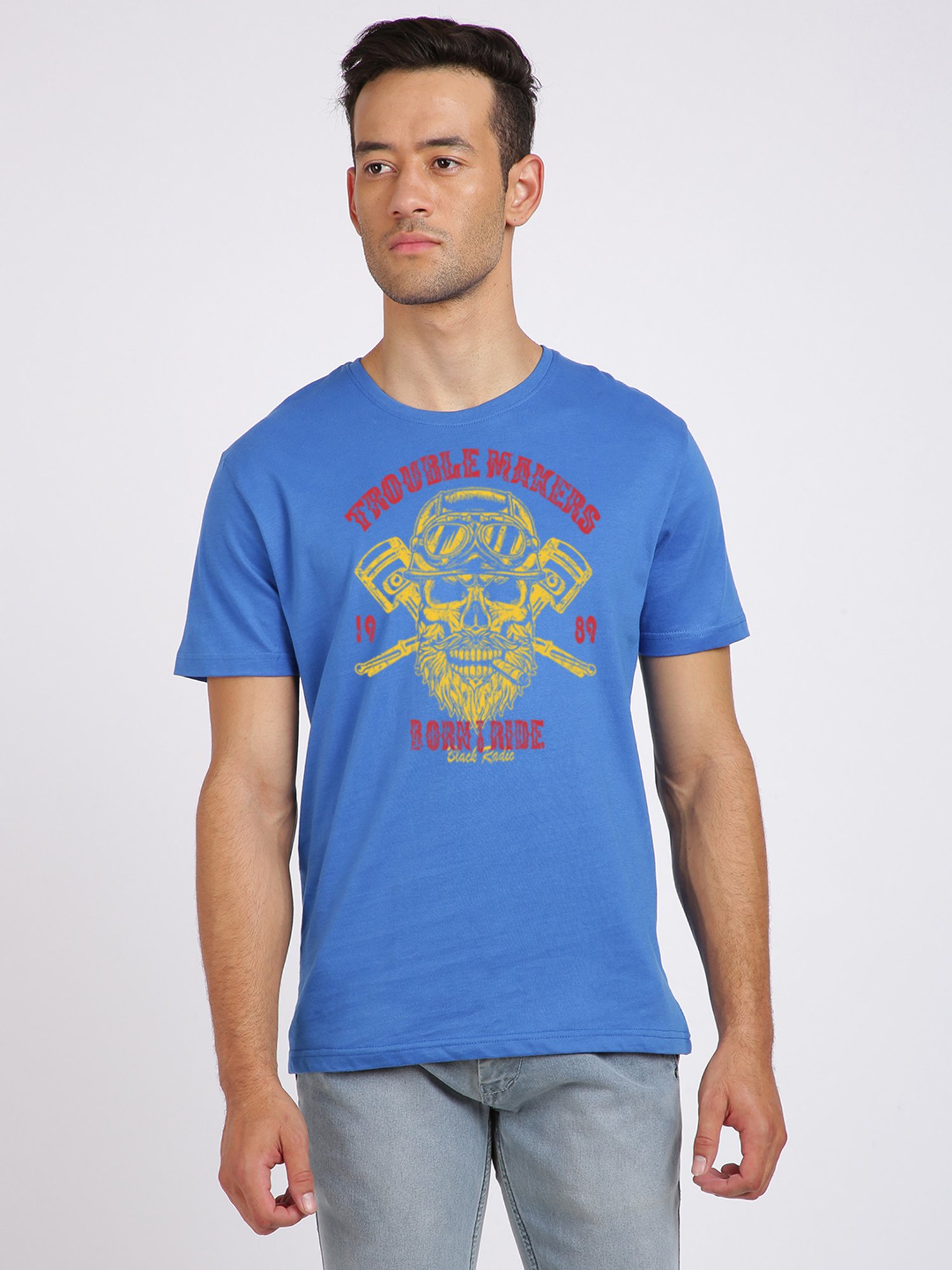 BLACK RADIO Royal Blue Slim Fit Printed Cotton Crew T-Shirt