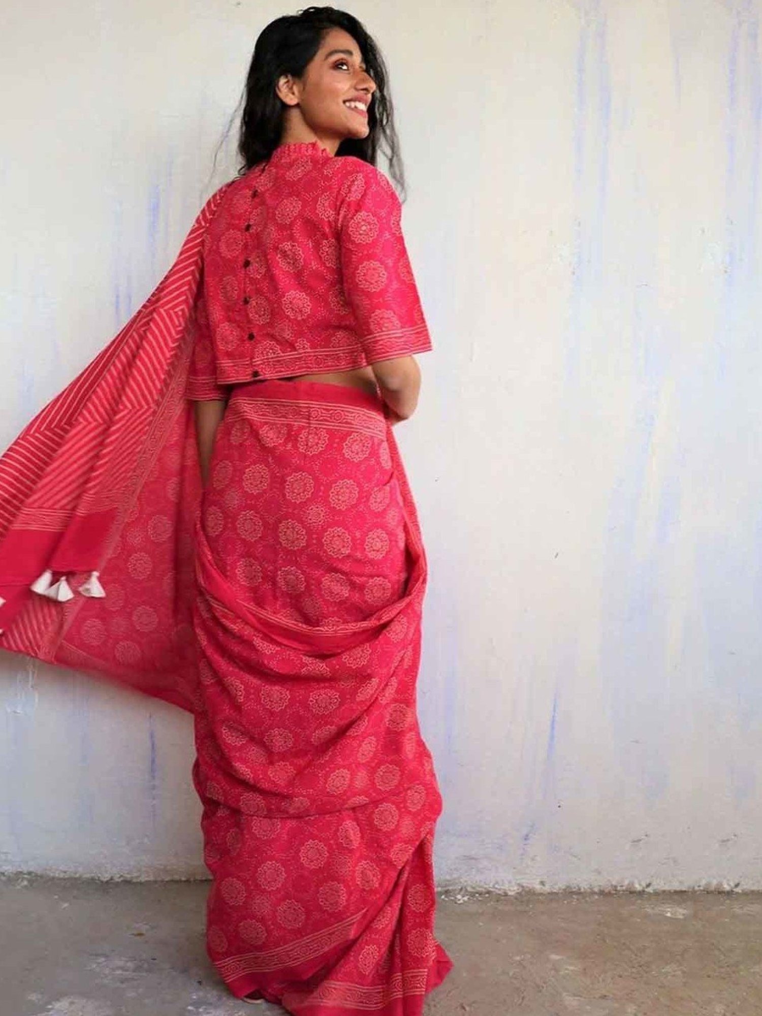 Chidiyaa Rani Pink Block Printed Cotton Mulmul Saree - Butterfly Girls