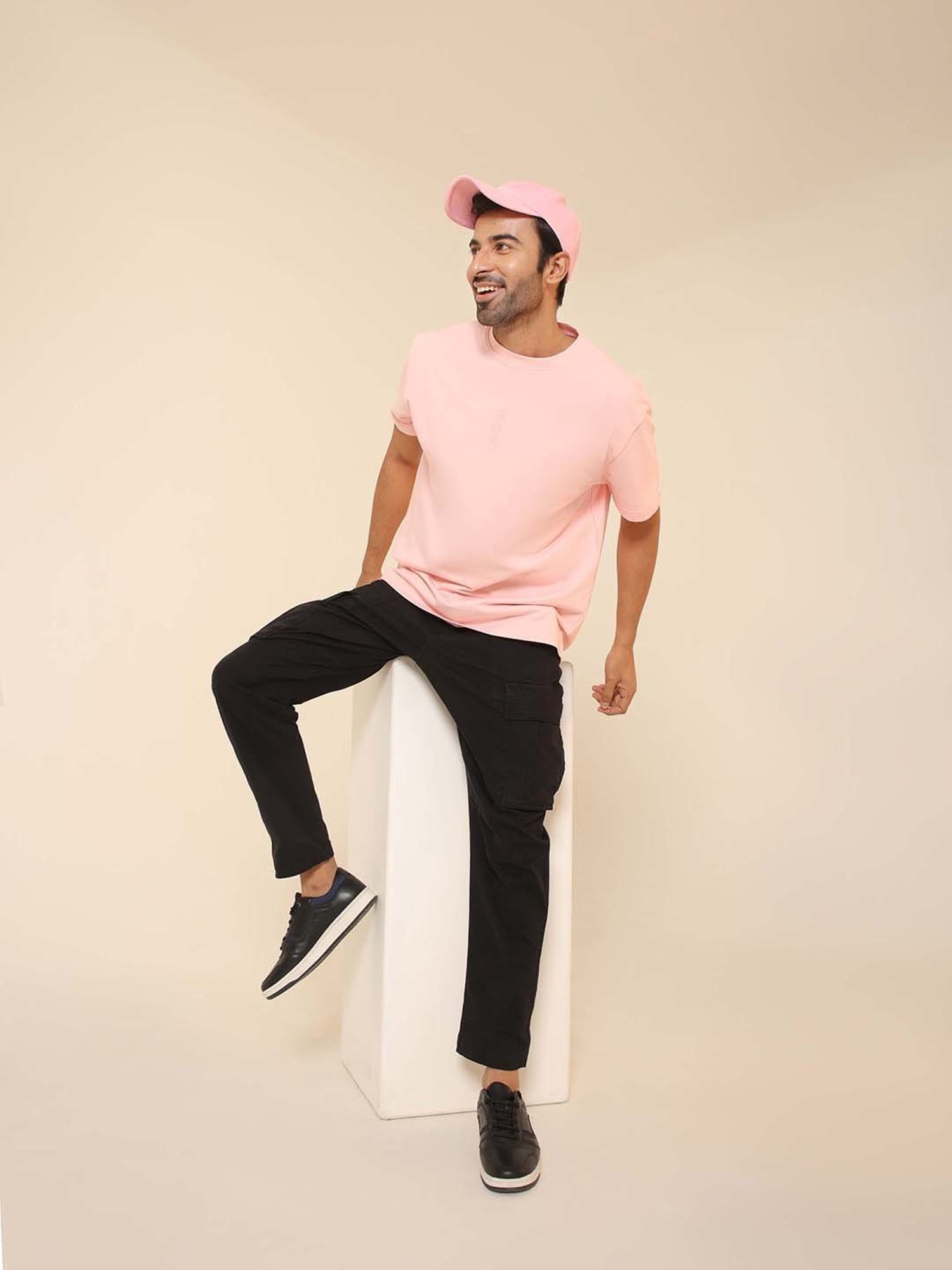 SUBTRACT Salmon Pink Regular Fit Cotton Oversized Crew T-Shirt