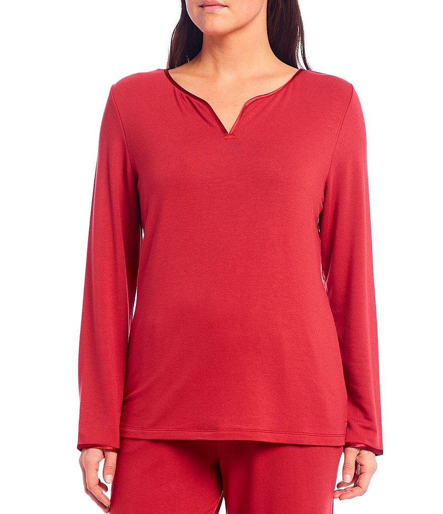 Cabernet Solid French Terry Notch V-Neck Long Sleeve Sleep Top