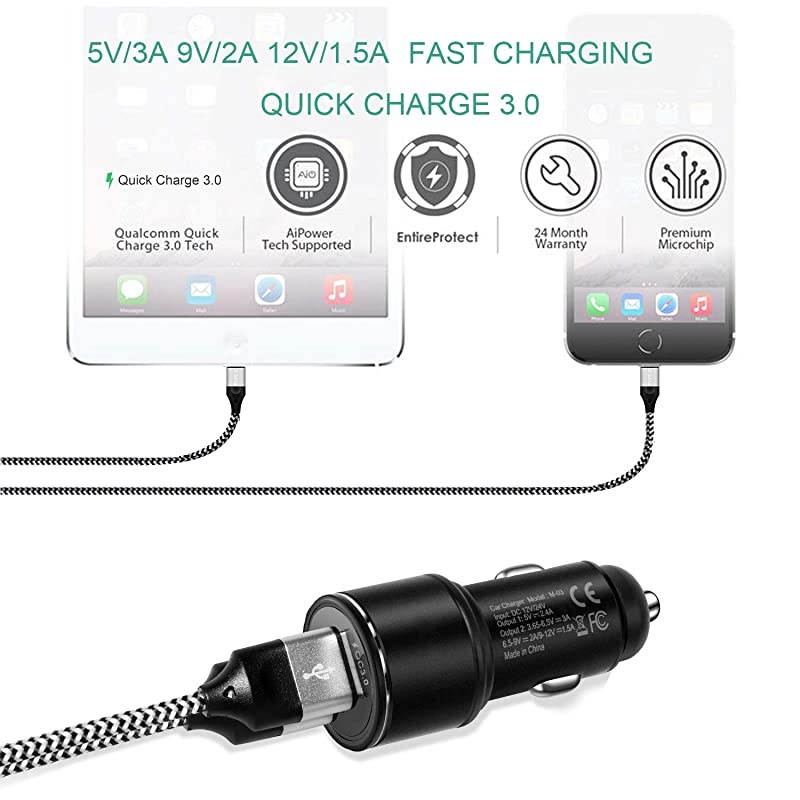 Car Charger for LG V60 Thinq K51 Q70 V40 V35 V50 Velvet Wing 5G,Moto Motorola G Stylus,G Power,Edge Plus,One/Z4 Z3 Z2 Play Droid Force/Razr,Dual USB Adapter Plug:Quick Charge 3.0+2.4A+2X6ft Cable